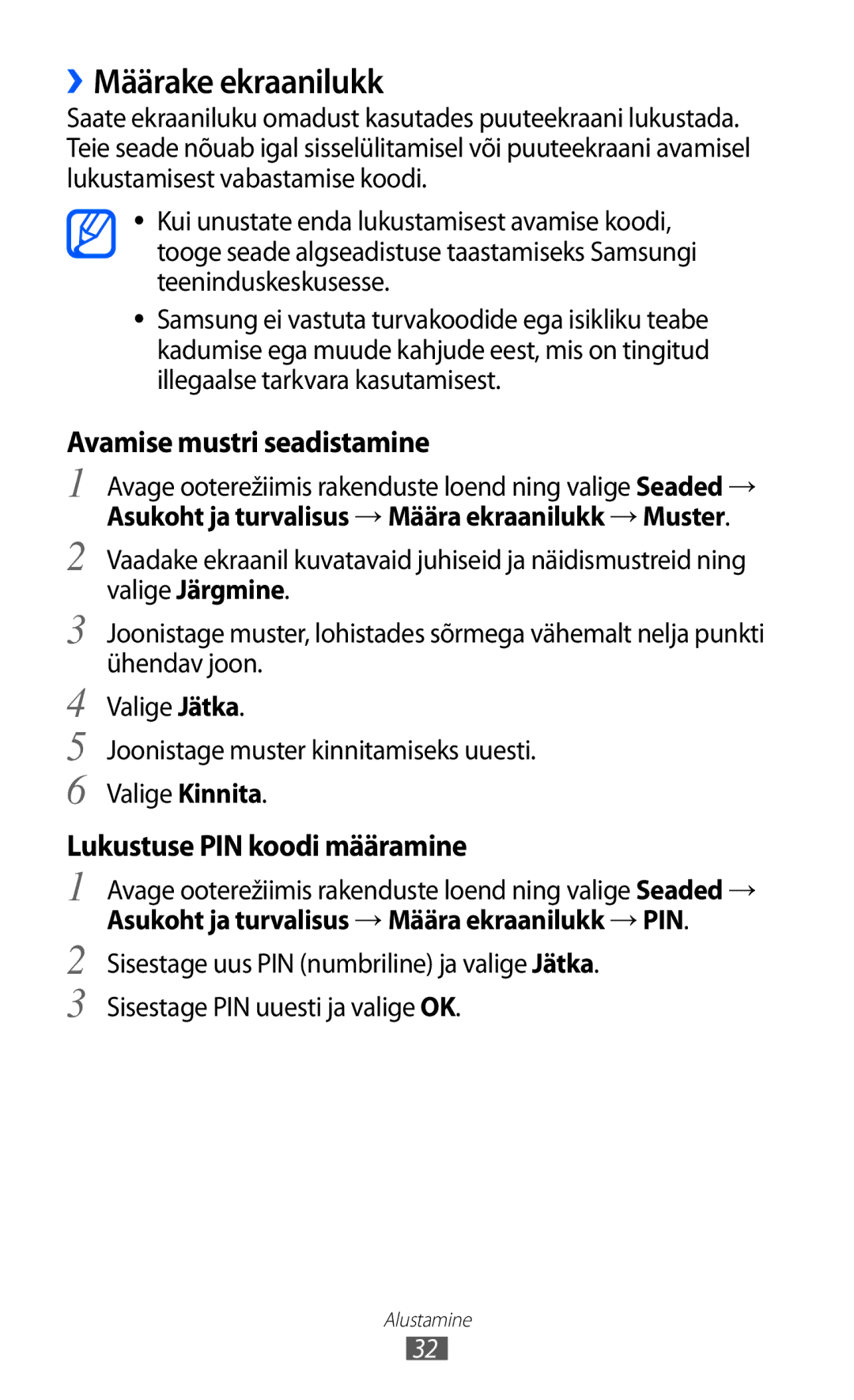 Samsung GT-S5690KOASEB manual ››Määrake ekraanilukk, Avamise mustri seadistamine 