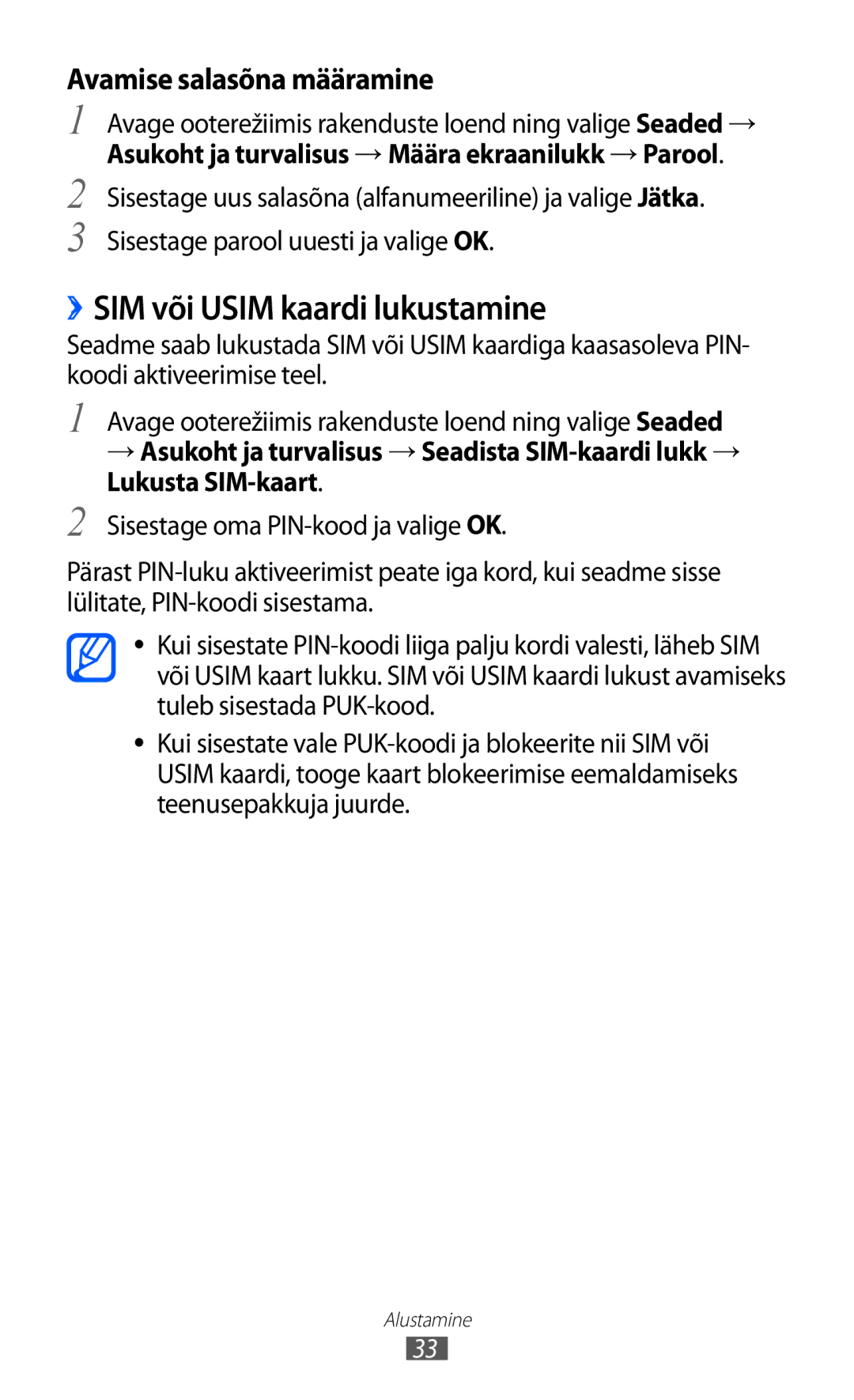 Samsung GT-S5690KOASEB manual ››SIM või Usim kaardi lukustamine, Avamise salasõna määramine 