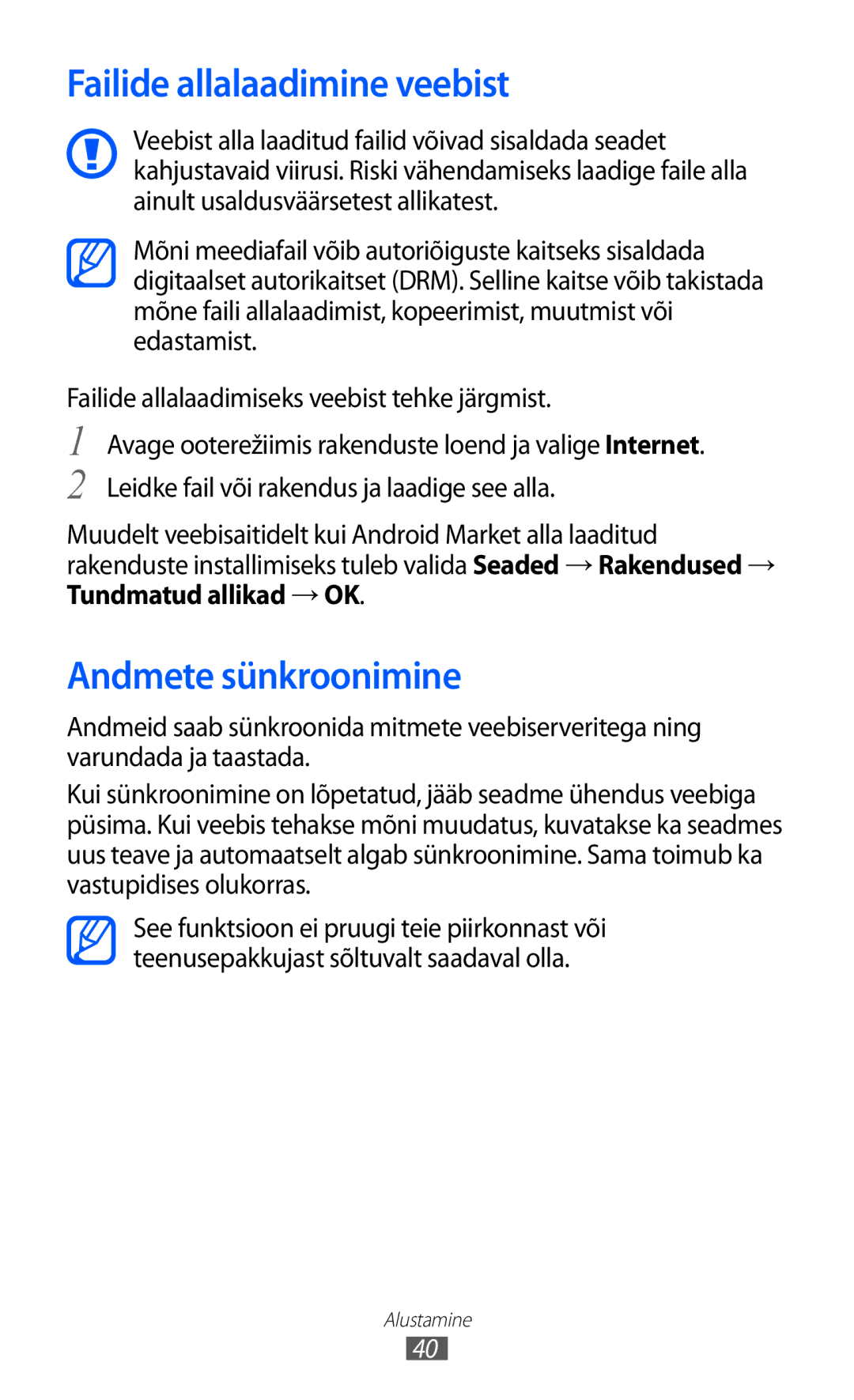 Samsung GT-S5690KOASEB manual Failide allalaadimine veebist, Andmete sünkroonimine 