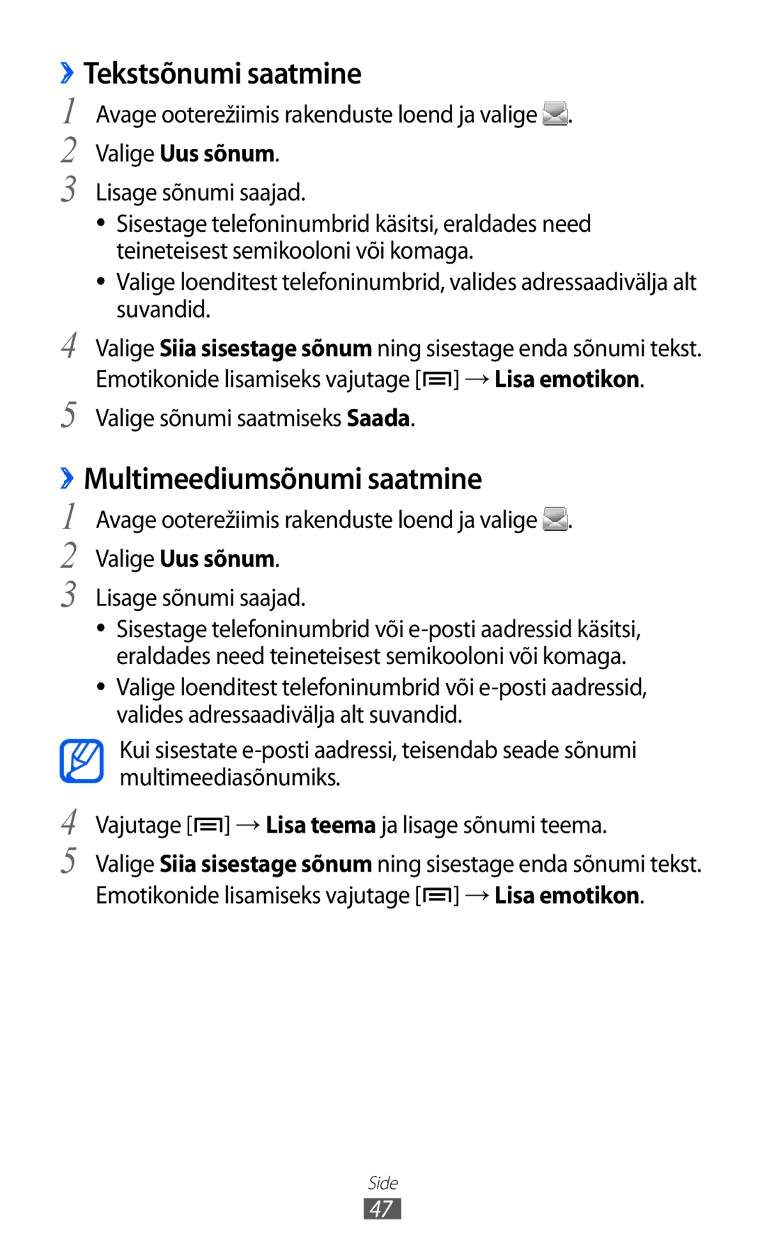 Samsung GT-S5690KOASEB manual ››Tekstsõnumi saatmine, ››Multimeediumsõnumi saatmine, Valige Uus sõnum 