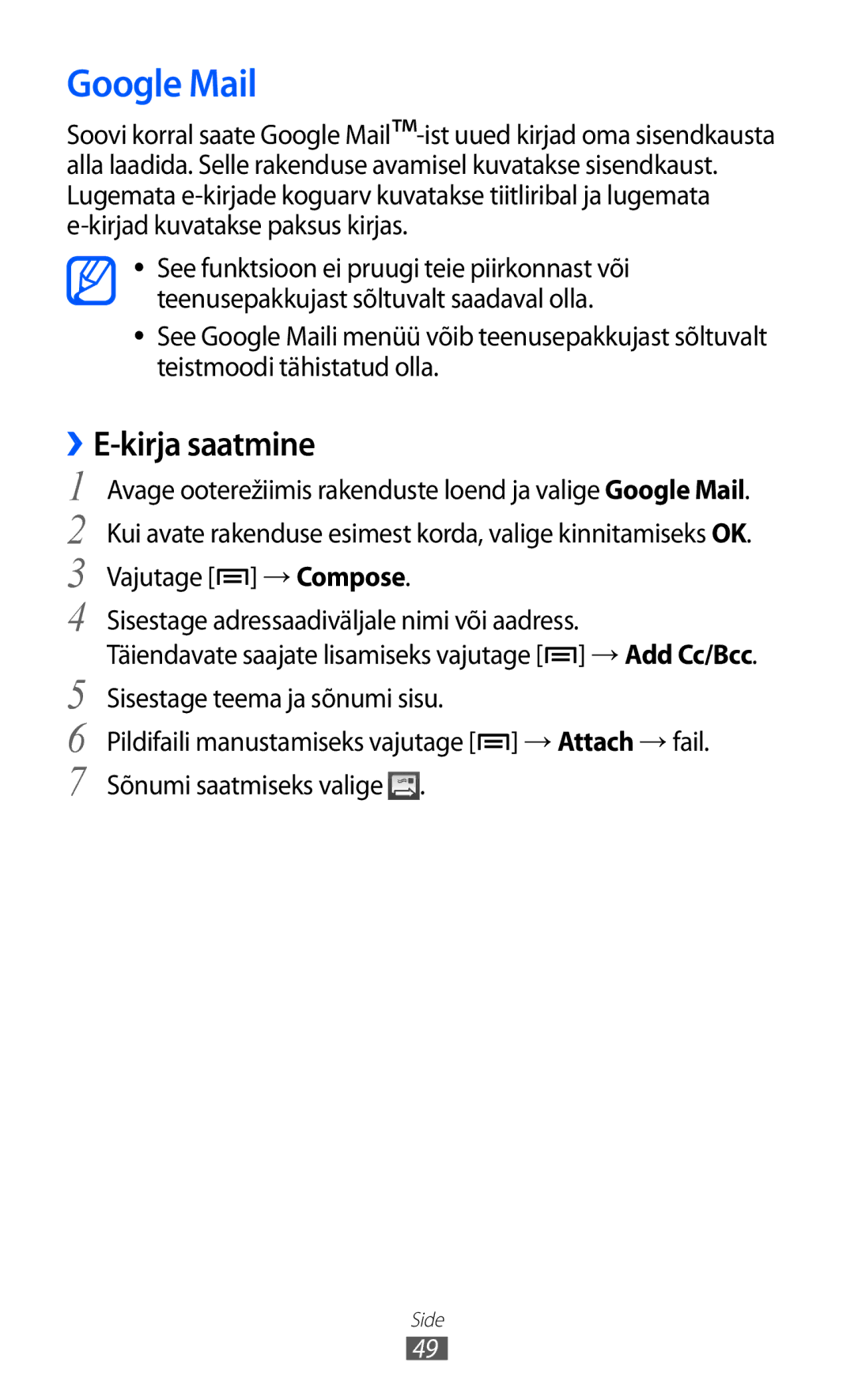 Samsung GT-S5690KOASEB manual Google Mail, Kirja saatmine 