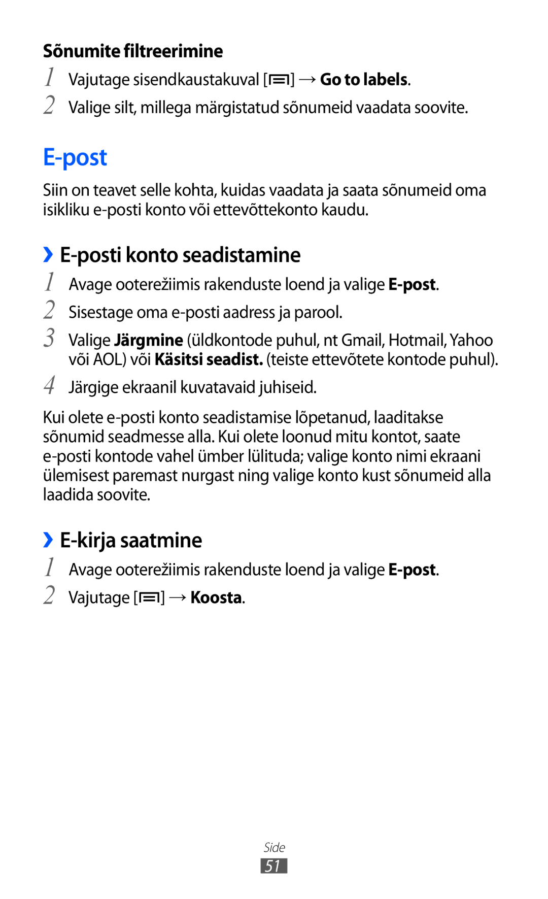 Samsung GT-S5690KOASEB manual Post, ››E-posti konto seadistamine, ››E-kirja saatmine 