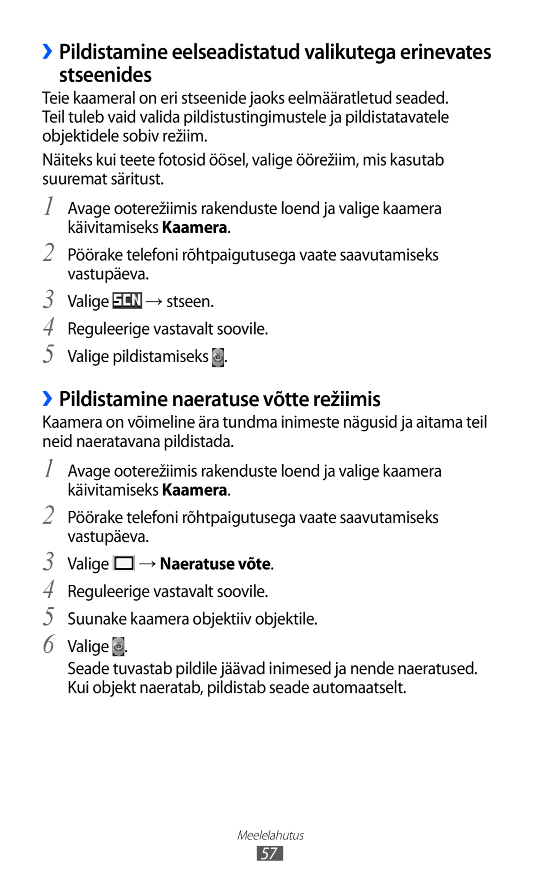 Samsung GT-S5690KOASEB manual ››Pildistamine naeratuse võtte režiimis, Valige → Naeratuse võte 