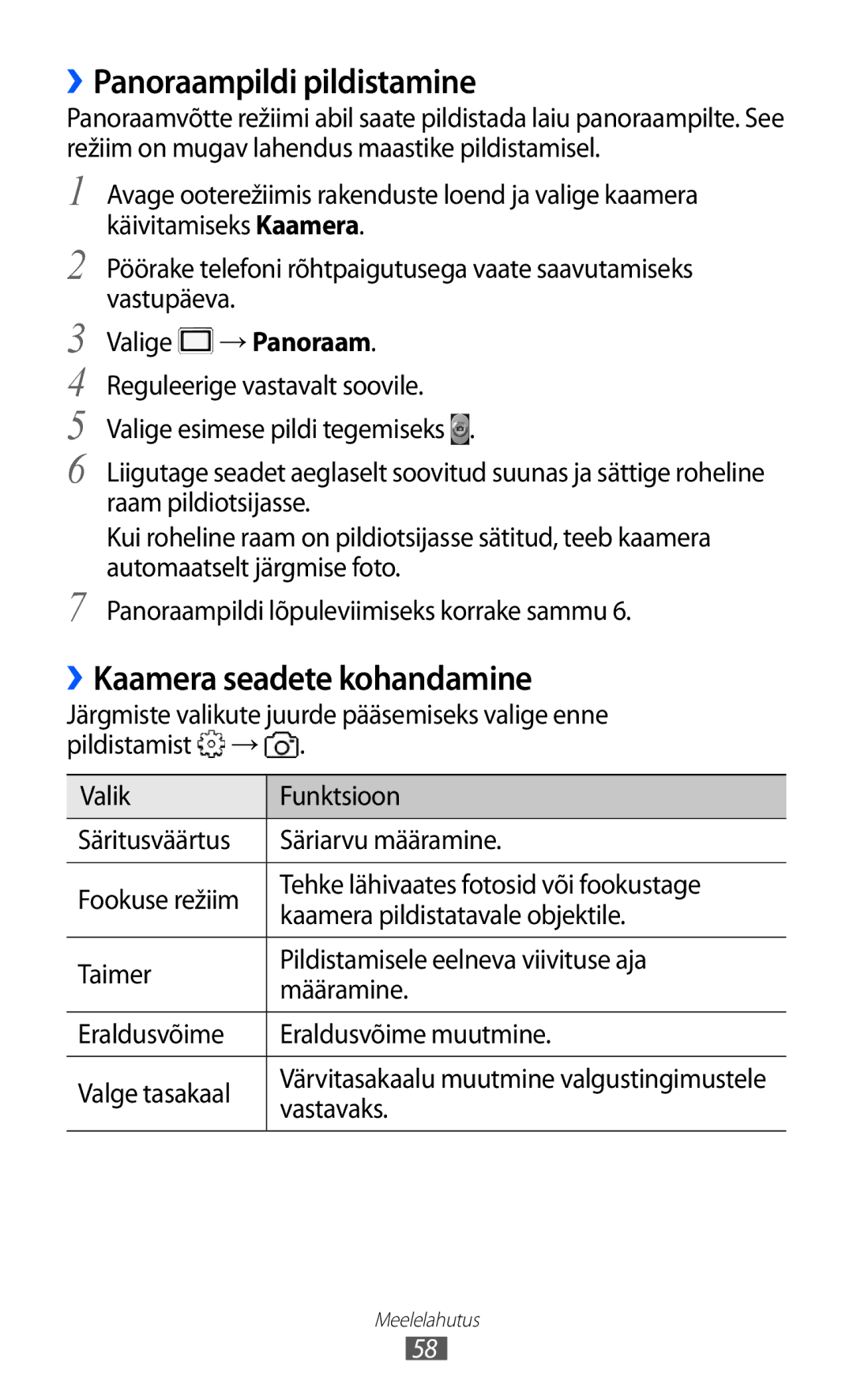 Samsung GT-S5690KOASEB manual ››Panoraampildi pildistamine, Kaamera seadete kohandamine 