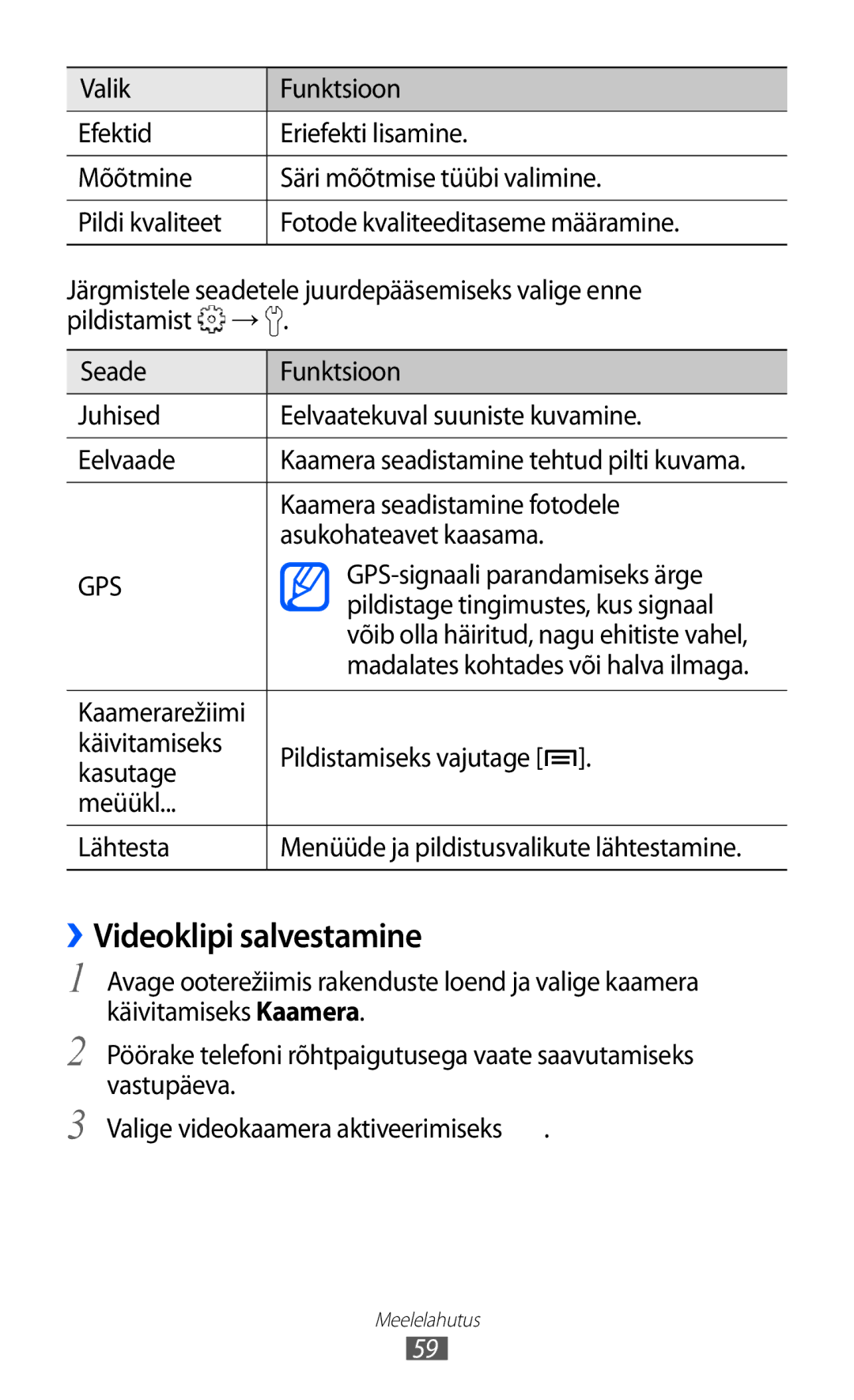 Samsung GT-S5690KOASEB manual ››Videoklipi salvestamine, Kaamera seadistamine fotodele, Asukohateavet kaasama 