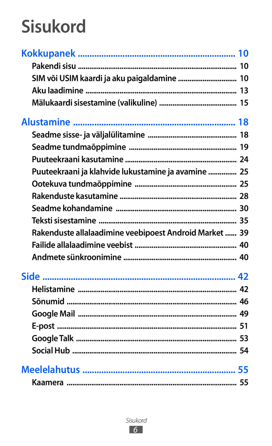 Samsung GT-S5690KOASEB manual Sisukord 