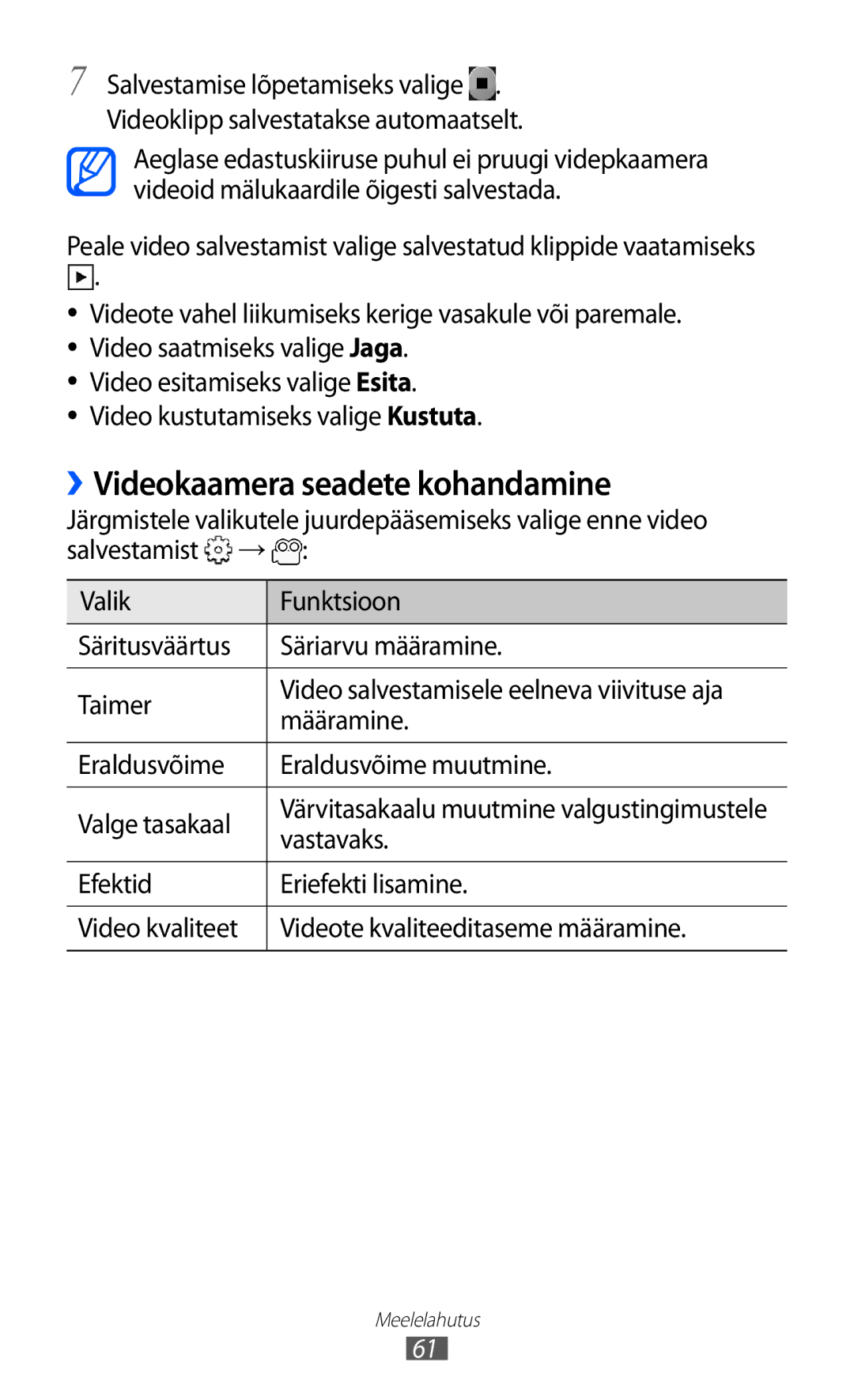 Samsung GT-S5690KOASEB manual ››Videokaamera seadete kohandamine, Eraldusvõime Eraldusvõime muutmine Valge tasakaal 