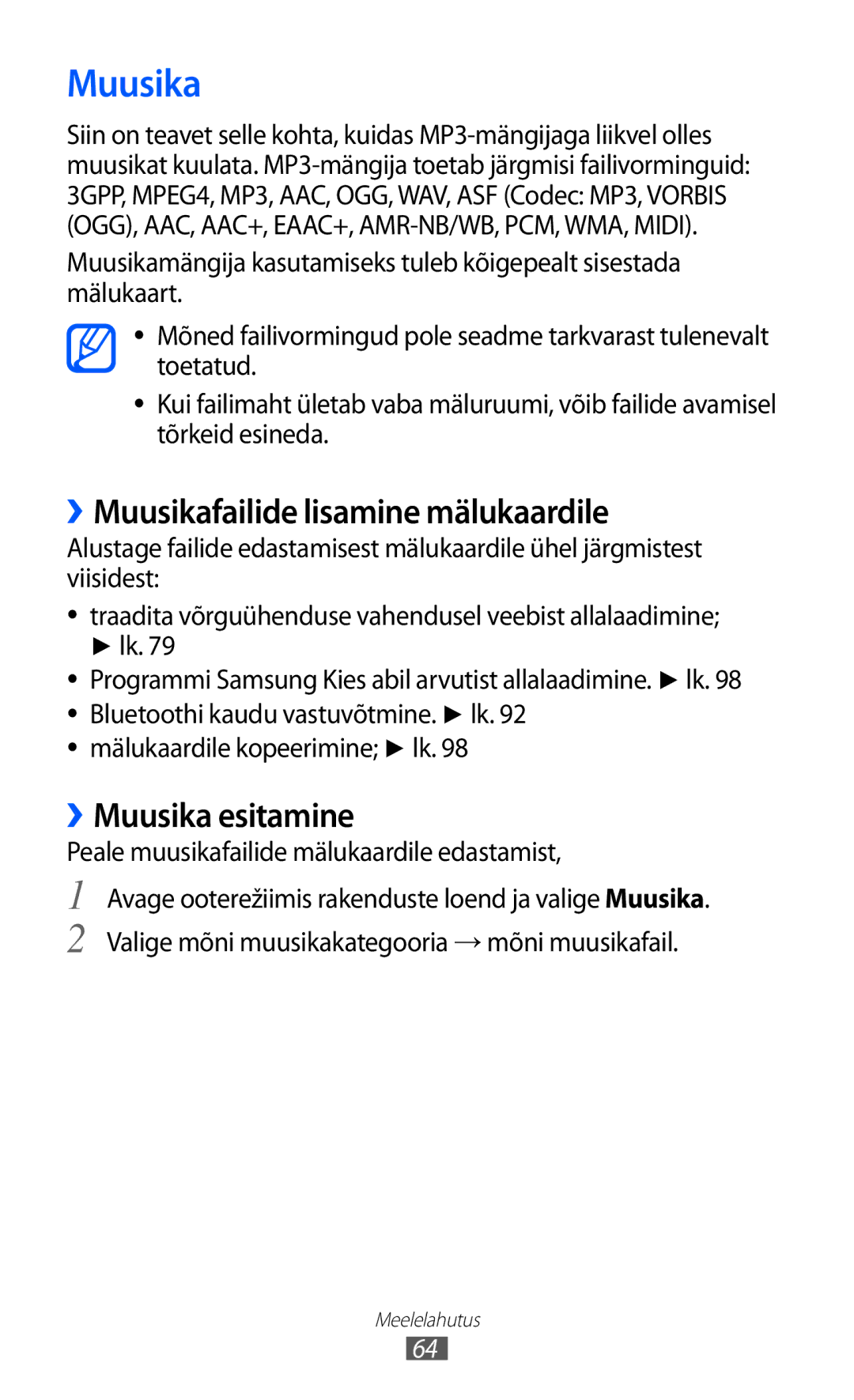 Samsung GT-S5690KOASEB manual ››Muusikafailide lisamine mälukaardile, ››Muusika esitamine 