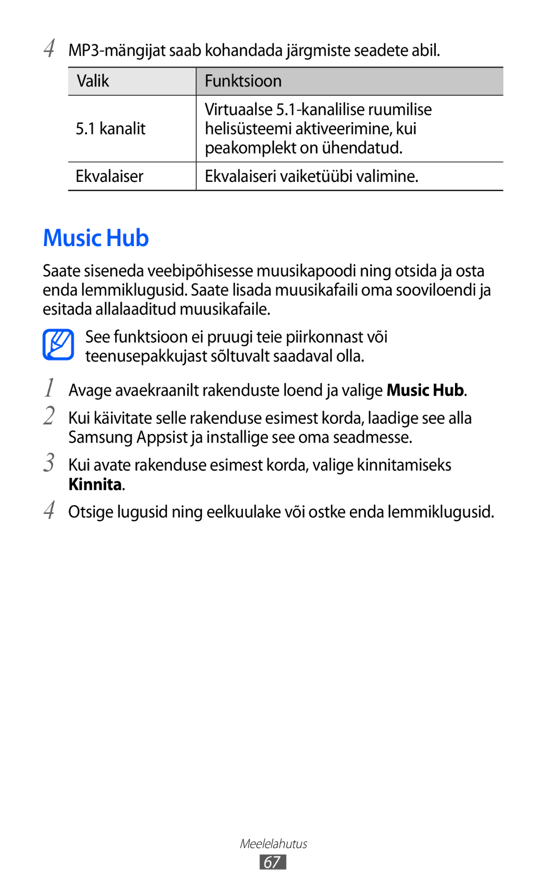 Samsung GT-S5690KOASEB manual Avage avaekraanilt rakenduste loend ja valige Music Hub 