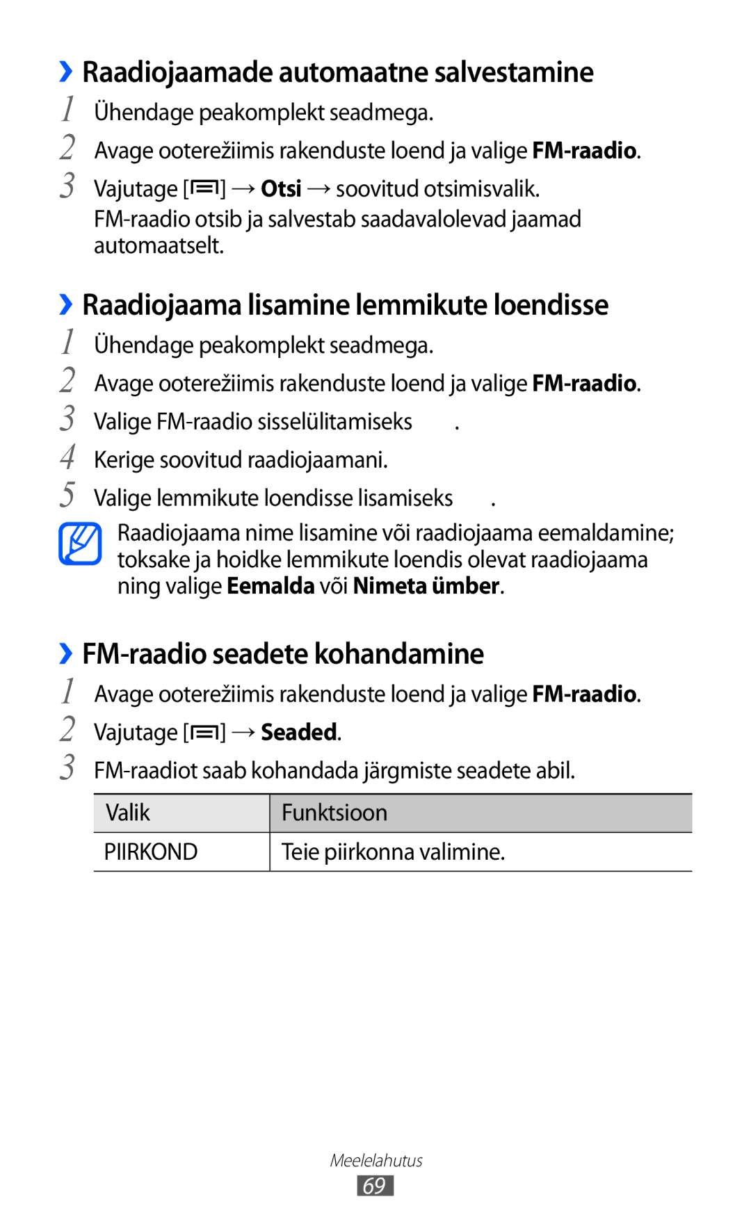 Samsung GT-S5690KOASEB manual ››Raadiojaamade automaatne salvestamine, ››Raadiojaama lisamine lemmikute loendisse 