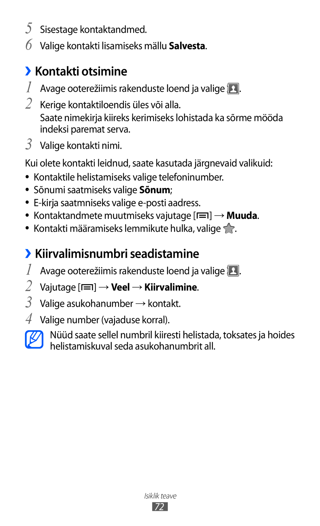 Samsung GT-S5690KOASEB manual Kontakti otsimine, ››Kiirvalimisnumbri seadistamine, Kerige kontaktiloendis üles või alla 