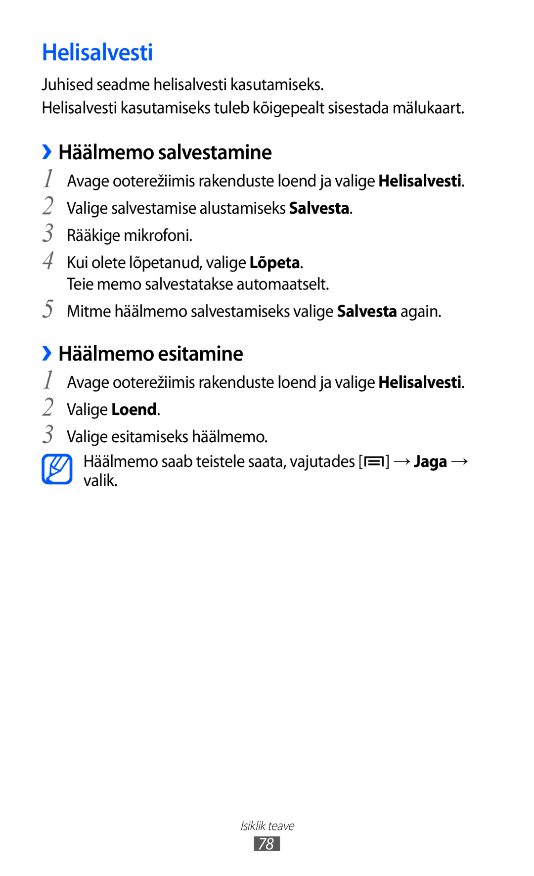 Samsung GT-S5690KOASEB manual Helisalvesti, ››Häälmemo salvestamine, ››Häälmemo esitamine, Rääkige mikrofoni 