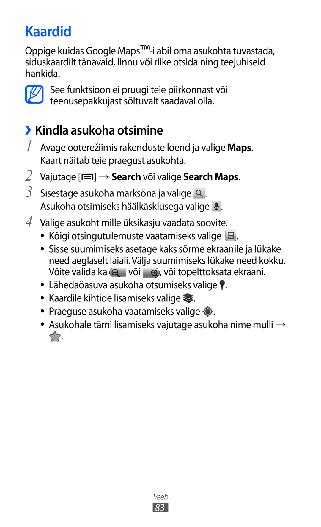 Samsung GT-S5690KOASEB manual Kaardid, ››Kindla asukoha otsimine 