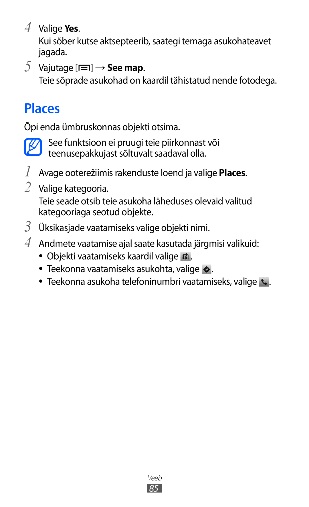 Samsung GT-S5690KOASEB manual Places, Õpi enda ümbruskonnas objekti otsima 