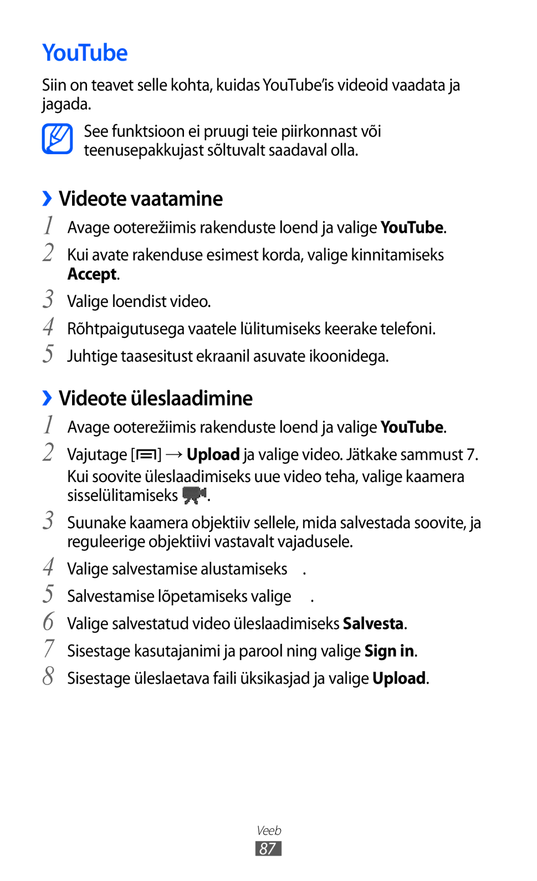 Samsung GT-S5690KOASEB manual YouTube, ››Videote vaatamine, ››Videote üleslaadimine 