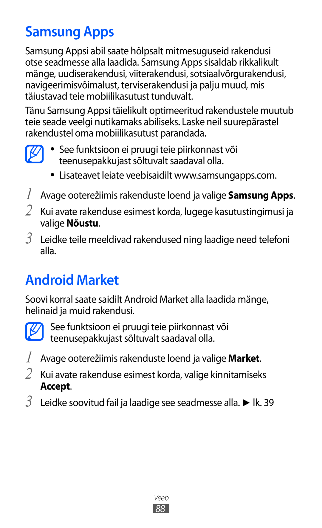 Samsung GT-S5690KOASEB manual Samsung Apps, Android Market 