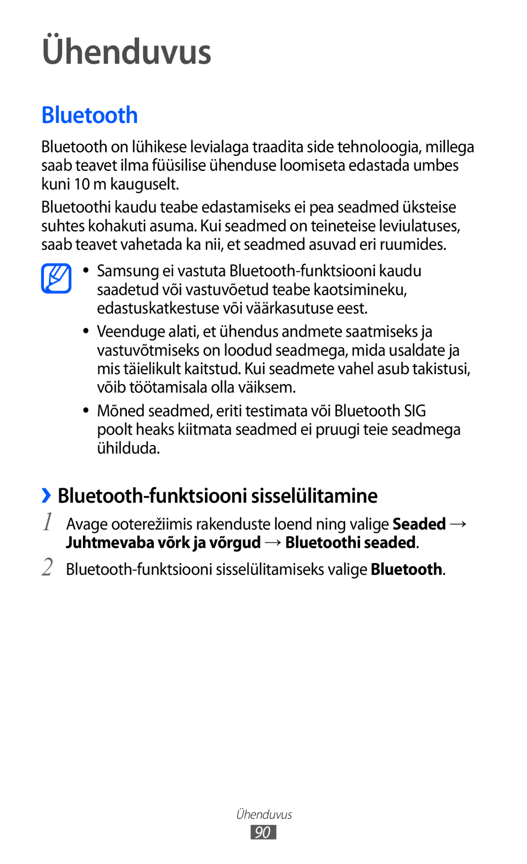 Samsung GT-S5690KOASEB manual Ühenduvus, ››Bluetooth-funktsiooni sisselülitamine 