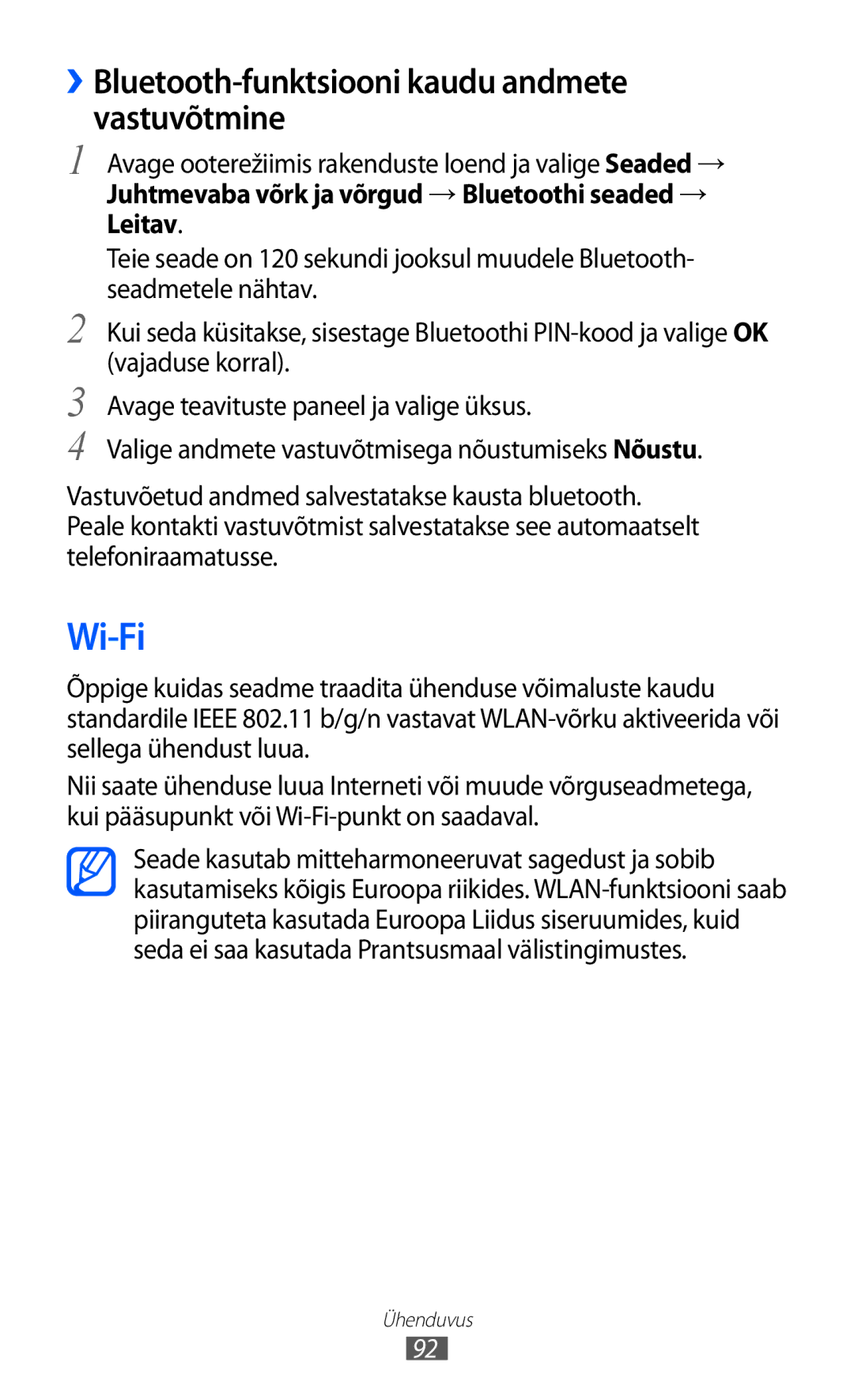 Samsung GT-S5690KOASEB manual Wi-Fi, ››Bluetooth-funktsiooni kaudu andmete Vastuvõtmine 