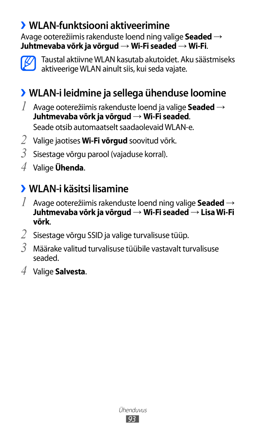 Samsung GT-S5690KOASEB manual ››WLAN-funktsiooni aktiveerimine, ››WLAN-i käsitsi lisamine 