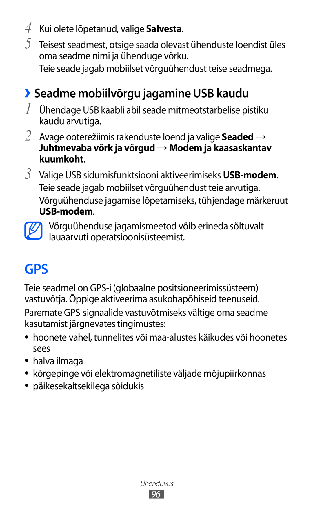 Samsung GT-S5690KOASEB manual Gps, ››Seadme mobiilvõrgu jagamine USB kaudu 