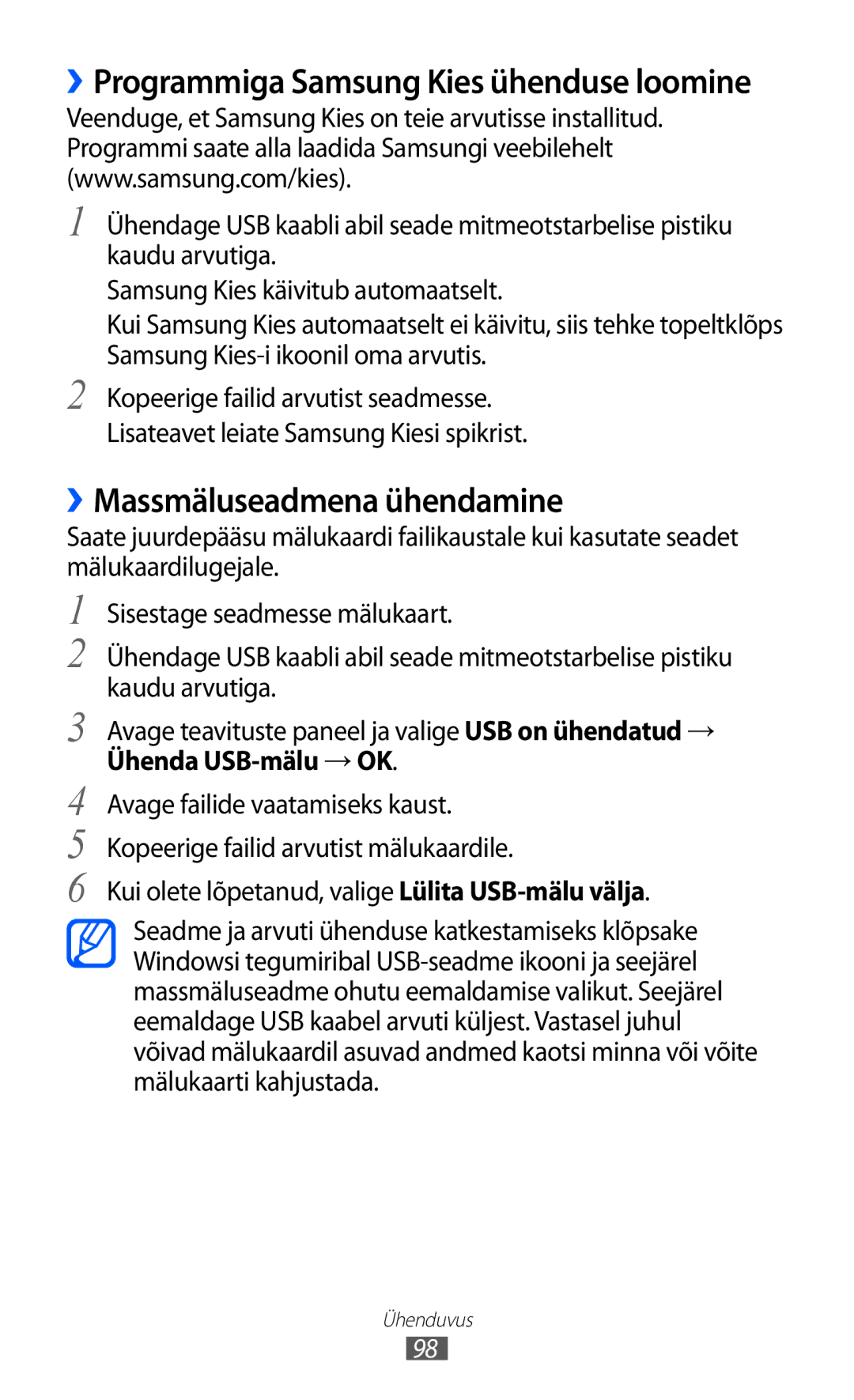 Samsung GT-S5690KOASEB manual ››Massmäluseadmena ühendamine, ››Programmiga Samsung Kies ühenduse loomine 