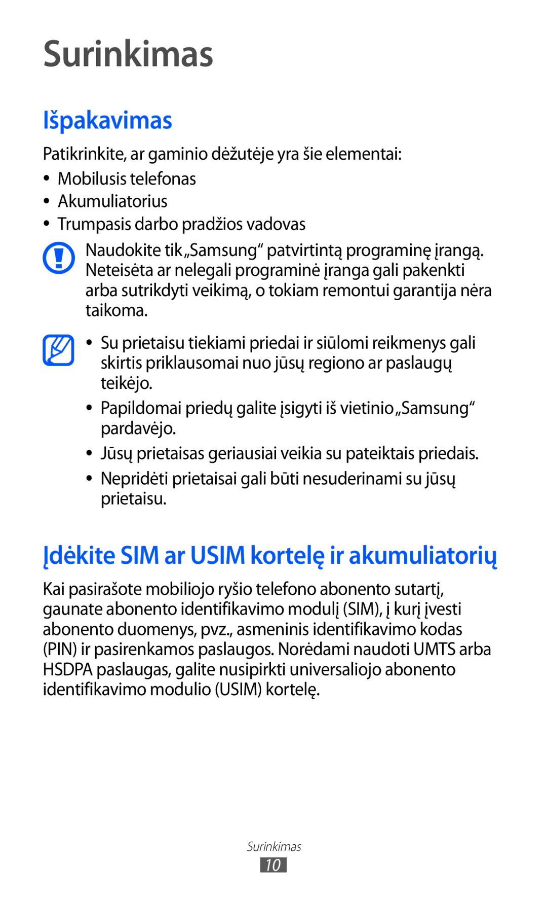 Samsung GT-S5690KOASEB manual Surinkimas, Išpakavimas, Patikrinkite, ar gaminio dėžutėje yra šie elementai 