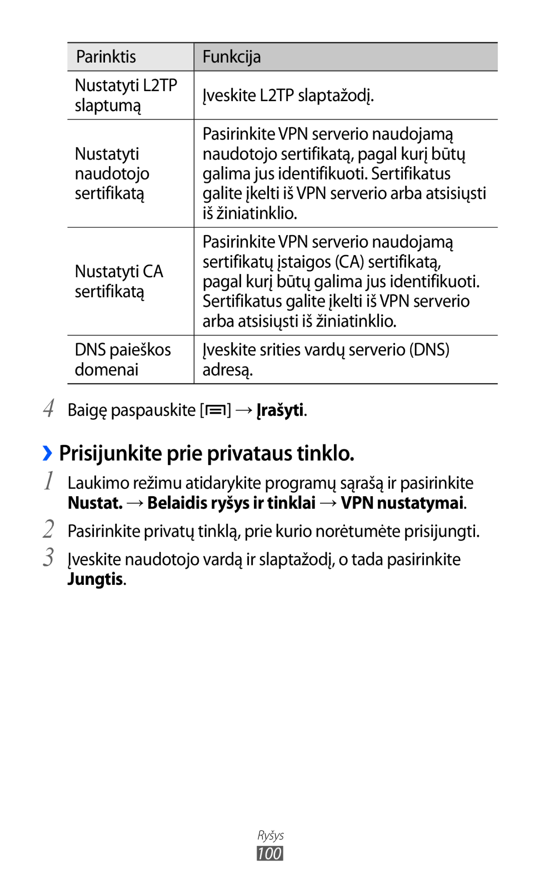 Samsung GT-S5690KOASEB ››Prisijunkite prie privataus tinklo, Nustat. → Belaidis ryšys ir tinklai → VPN nustatymai, Jungtis 