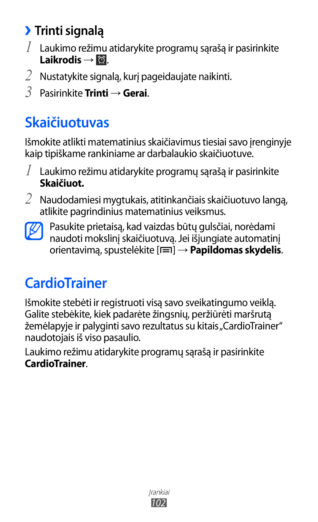 Samsung GT-S5690KOASEB manual Skaičiuotuvas, CardioTrainer, ››Trinti signalą 