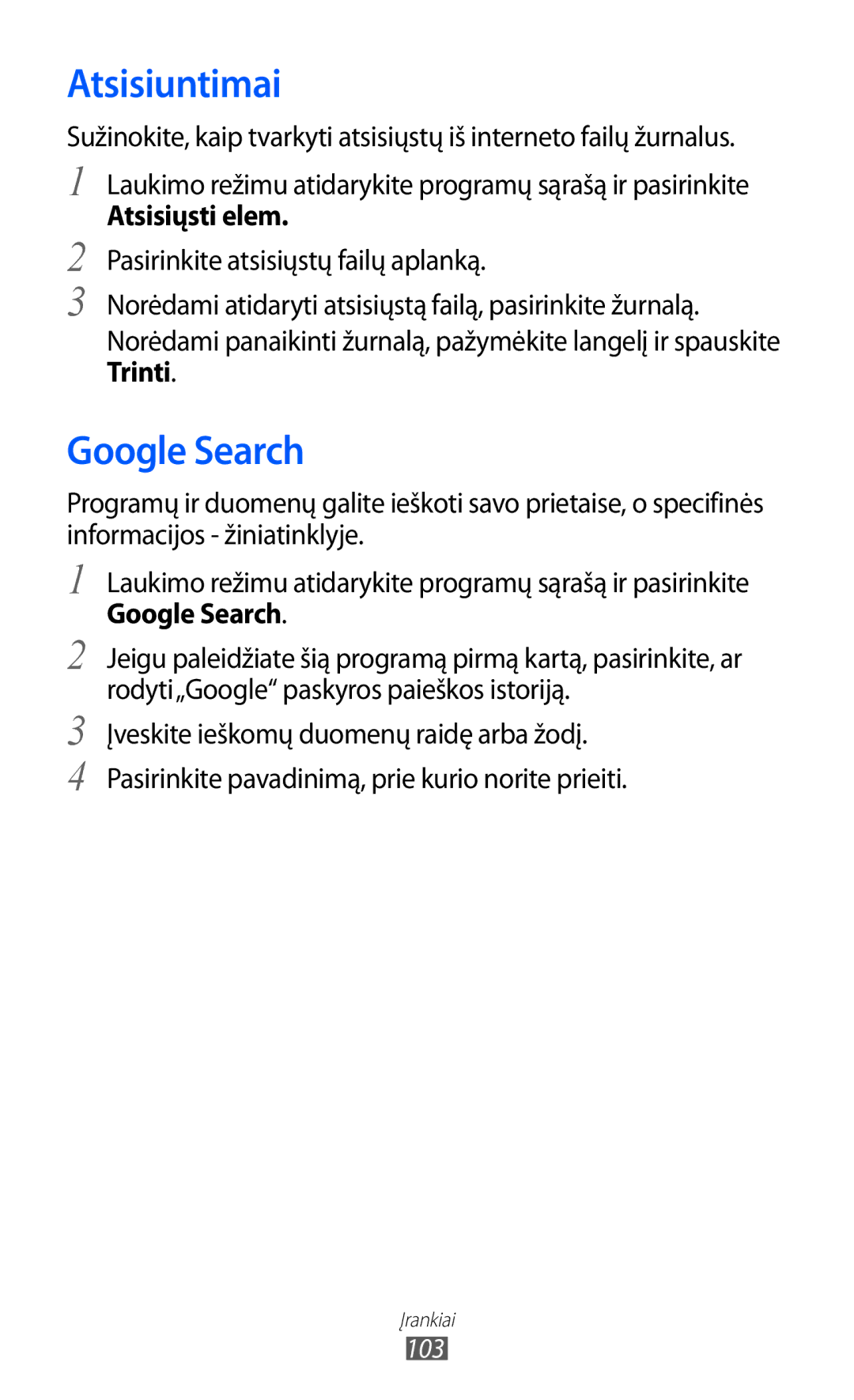 Samsung GT-S5690KOASEB manual Atsisiuntimai, Google Search, Atsisiųsti elem 