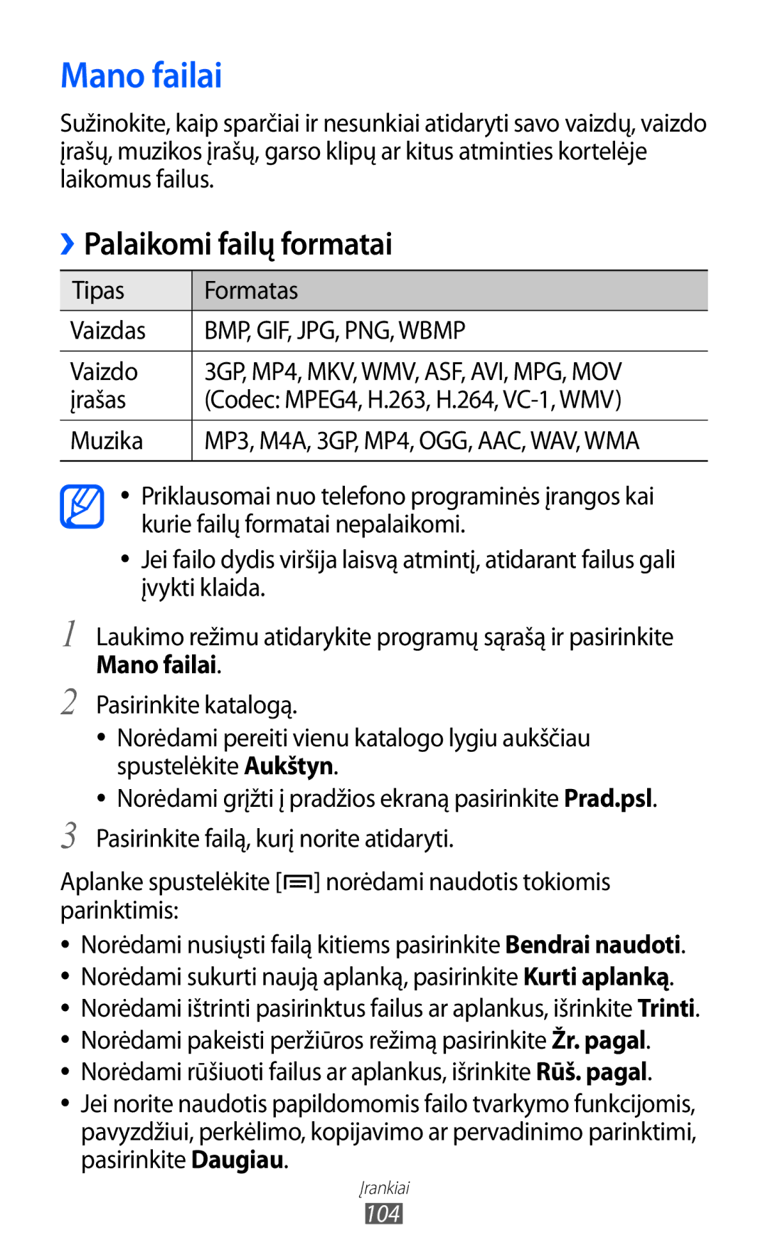 Samsung GT-S5690KOASEB manual Mano failai, Muzika 