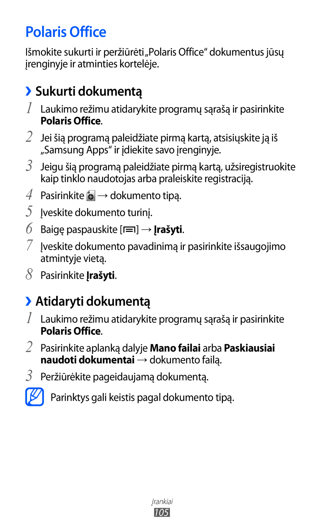 Samsung GT-S5690KOASEB manual Polaris Office, ››Sukurti dokumentą, ››Atidaryti dokumentą 