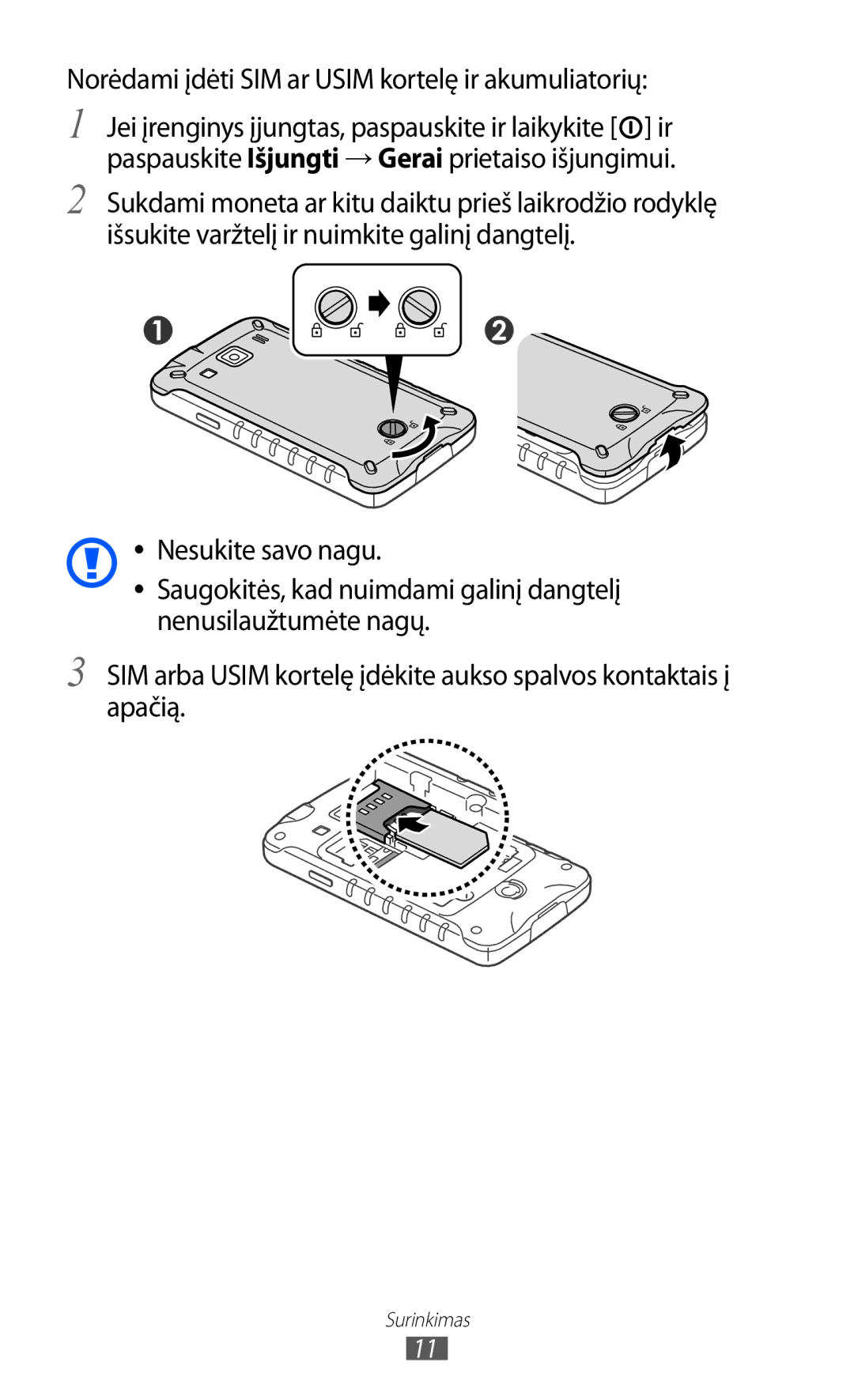 Samsung GT-S5690KOASEB manual Norėdami įdėti SIM ar Usim kortelę ir akumuliatorių 