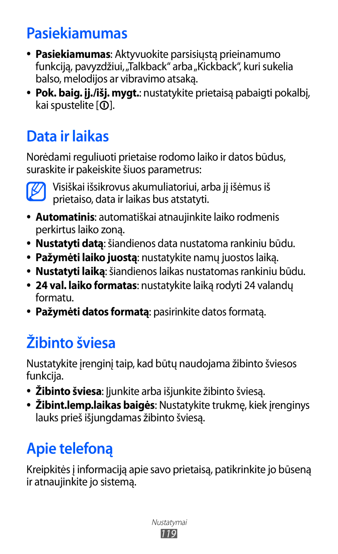 Samsung GT-S5690KOASEB manual Pasiekiamumas, Data ir laikas, Žibinto šviesa, Apie telefoną 