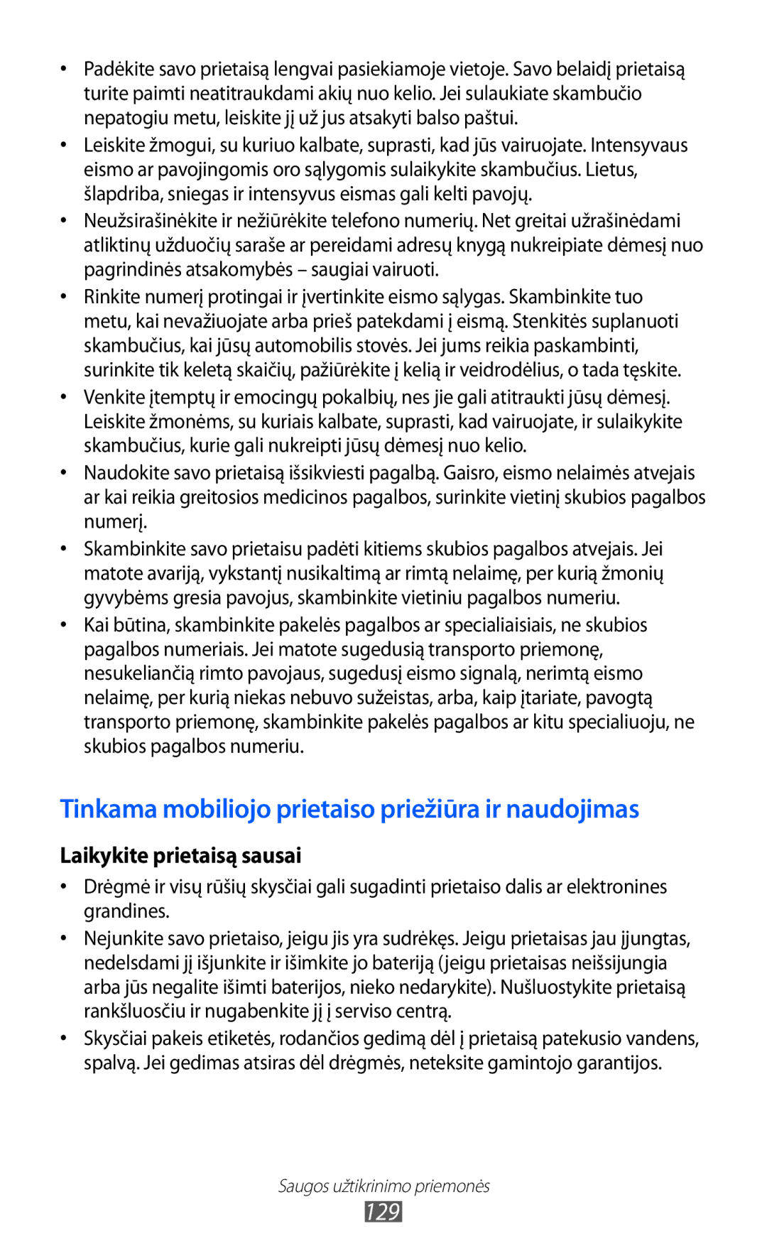 Samsung GT-S5690KOASEB manual Tinkama mobiliojo prietaiso priežiūra ir naudojimas 