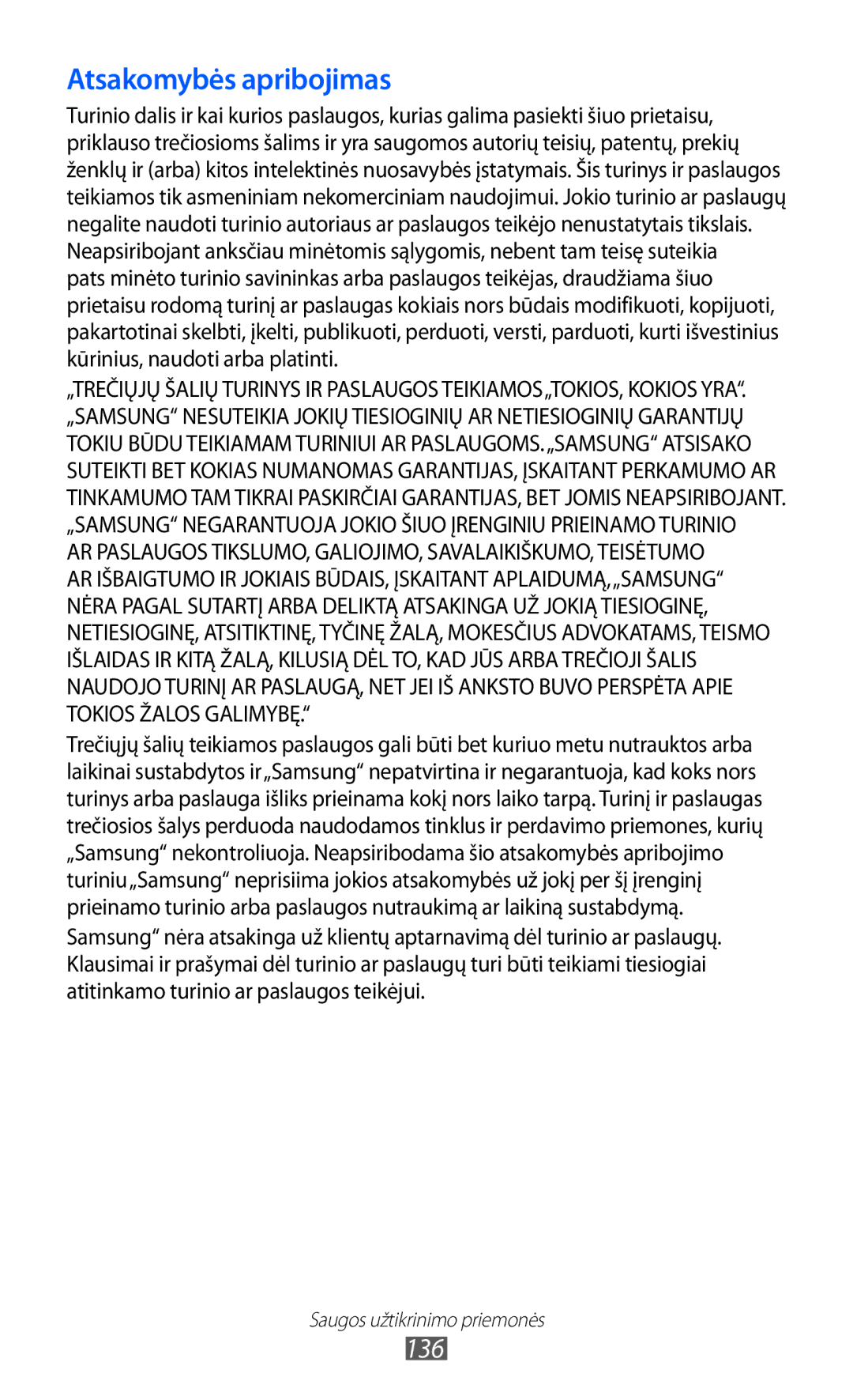 Samsung GT-S5690KOASEB manual Atsakomybės apribojimas 