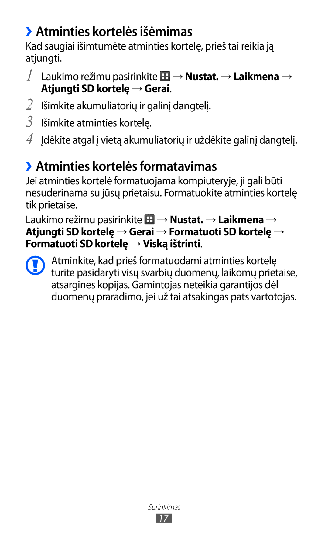 Samsung GT-S5690KOASEB manual ››Atminties kortelės išėmimas, ››Atminties kortelės formatavimas, Atjungti SD kortelę → Gerai 