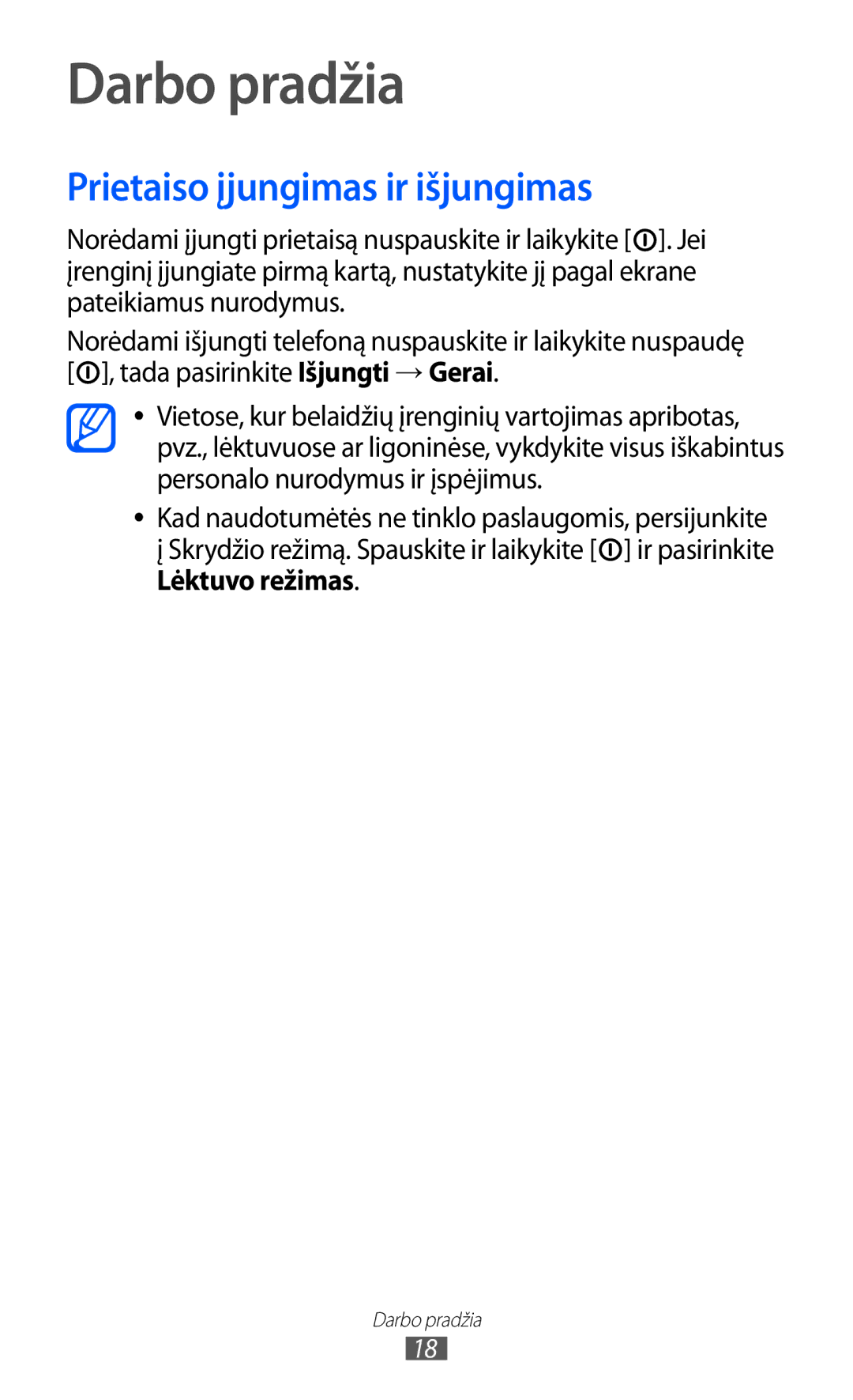 Samsung GT-S5690KOASEB manual Darbo pradžia, Prietaiso įjungimas ir išjungimas, Lėktuvo režimas 