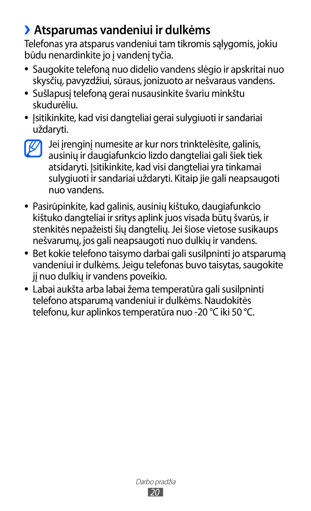 Samsung GT-S5690KOASEB manual ››Atsparumas vandeniui ir dulkėms 