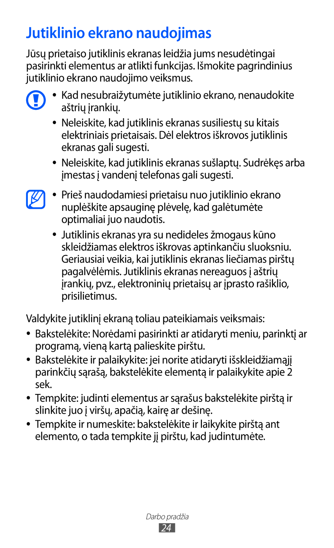 Samsung GT-S5690KOASEB manual Jutiklinio ekrano naudojimas 