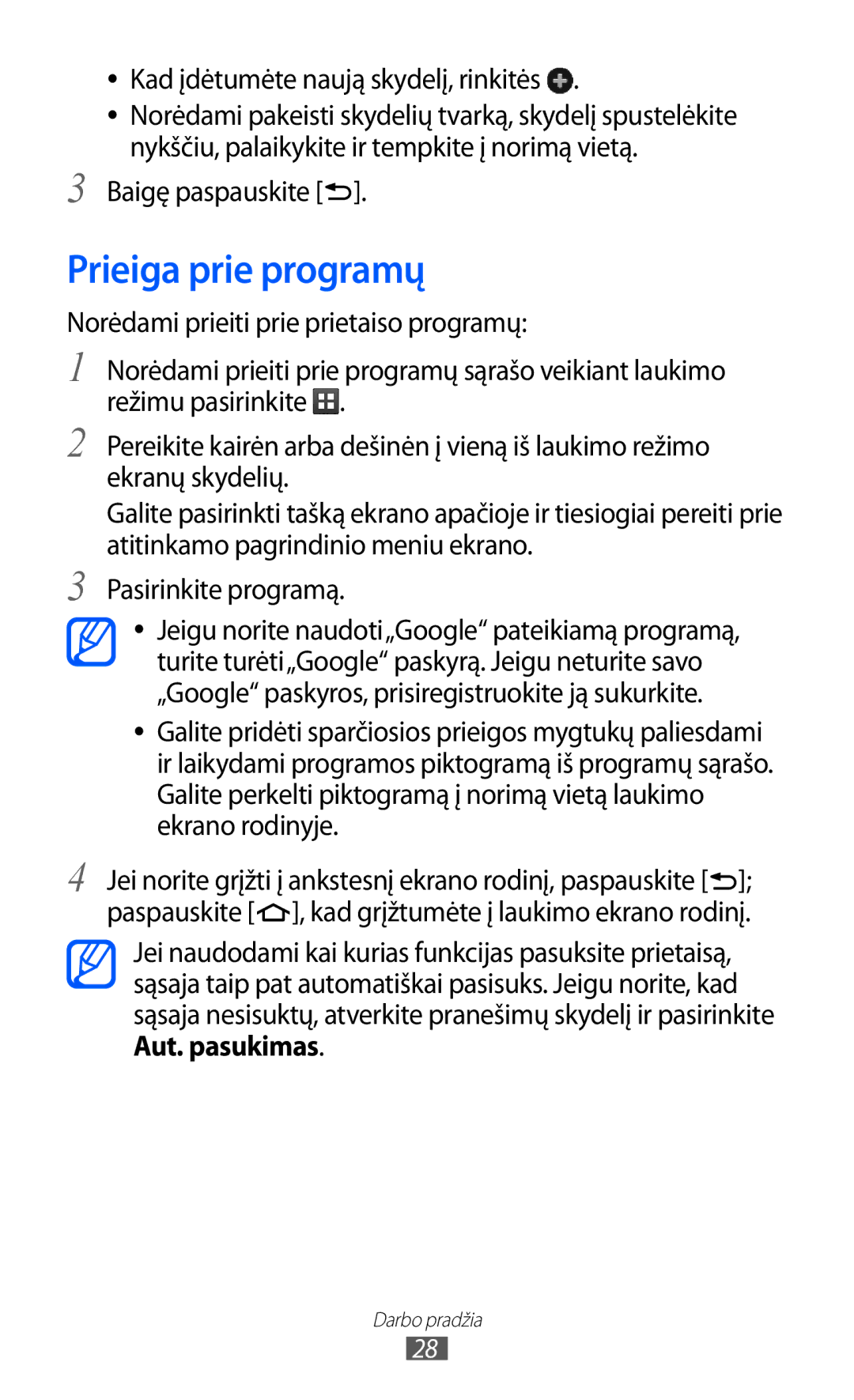 Samsung GT-S5690KOASEB manual Prieiga prie programų, Kad įdėtumėte naują skydelį, rinkitės, Baigę paspauskite 