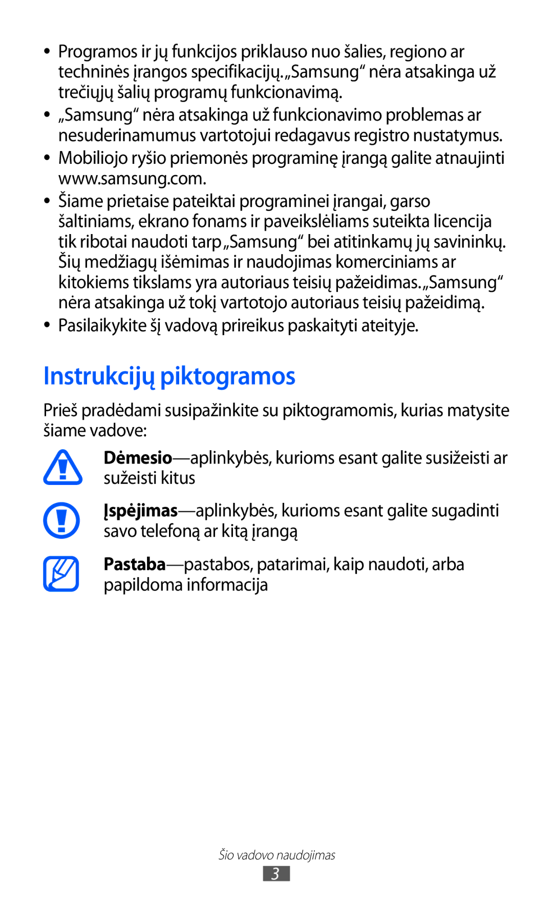 Samsung GT-S5690KOASEB manual Instrukcijų piktogramos, Pasilaikykite šį vadovą prireikus paskaityti ateityje 