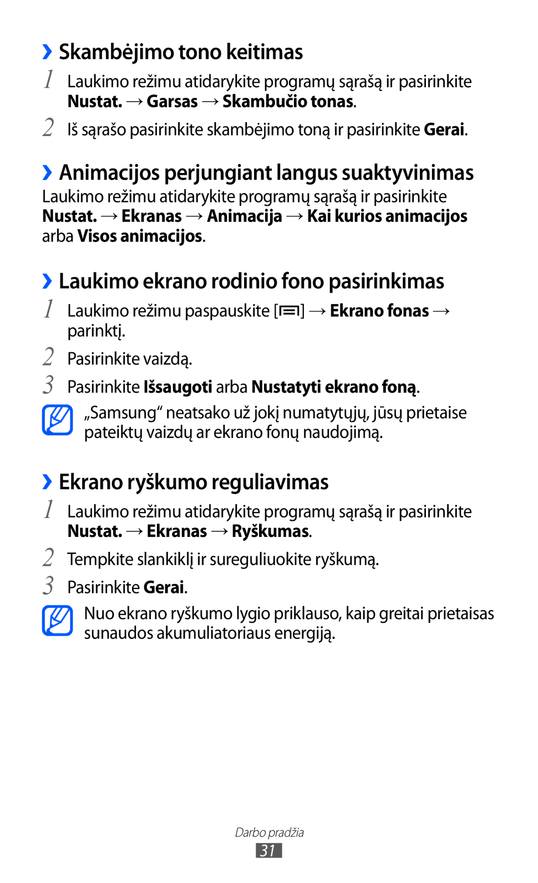 Samsung GT-S5690KOASEB manual ››Skambėjimo tono keitimas, ››Laukimo ekrano rodinio fono pasirinkimas 