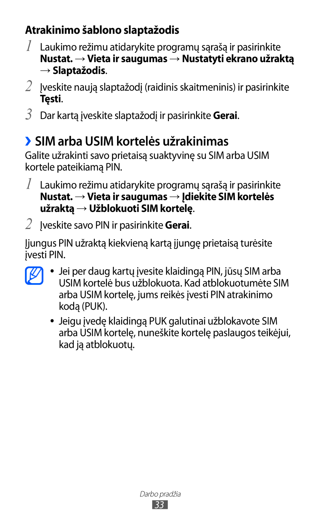 Samsung GT-S5690KOASEB manual ››SIM arba Usim kortelės užrakinimas, Atrakinimo šablono slaptažodis, → Slaptažodis 