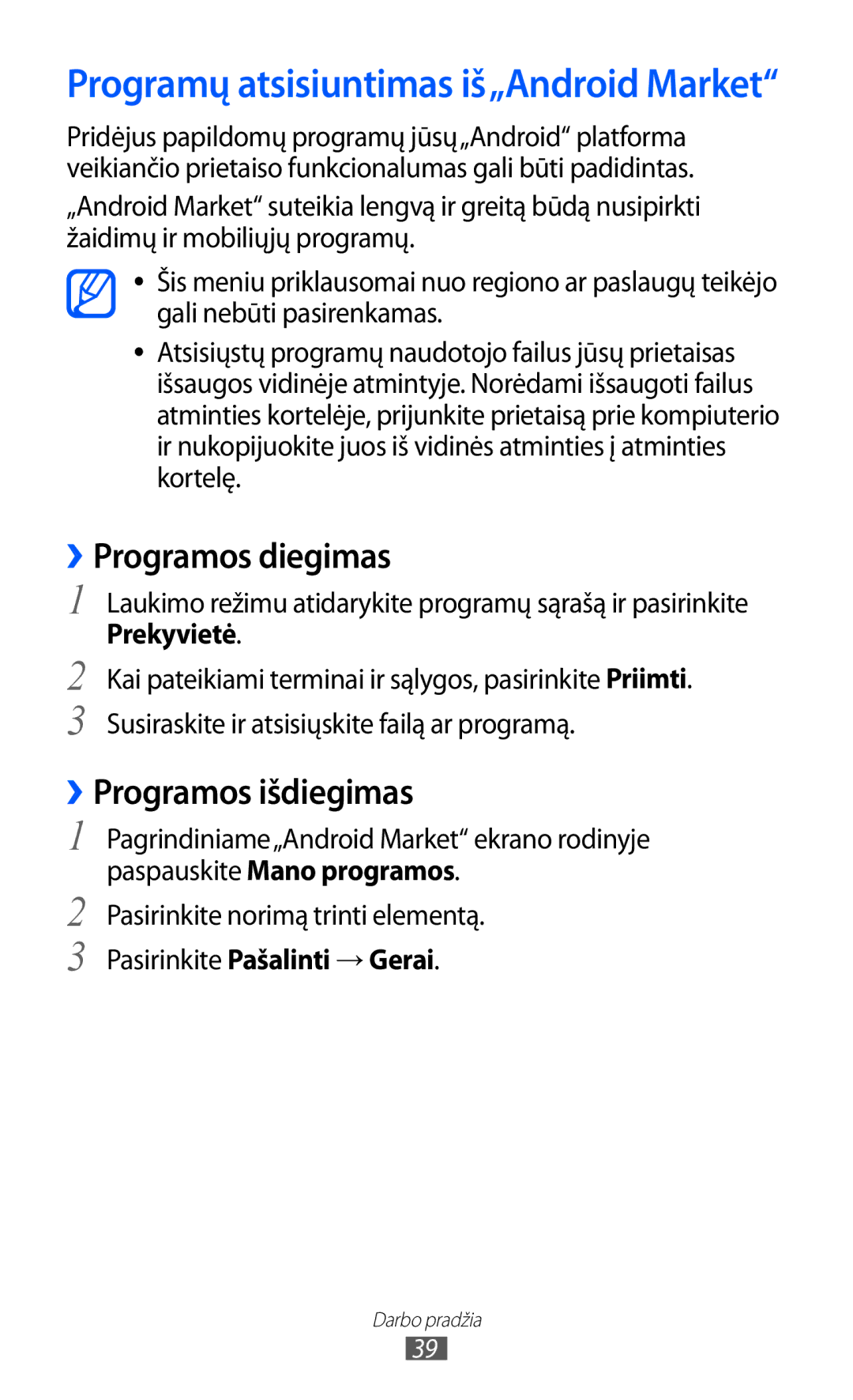 Samsung GT-S5690KOASEB manual ››Programos diegimas, ››Programos išdiegimas, Paspauskite Mano programos 