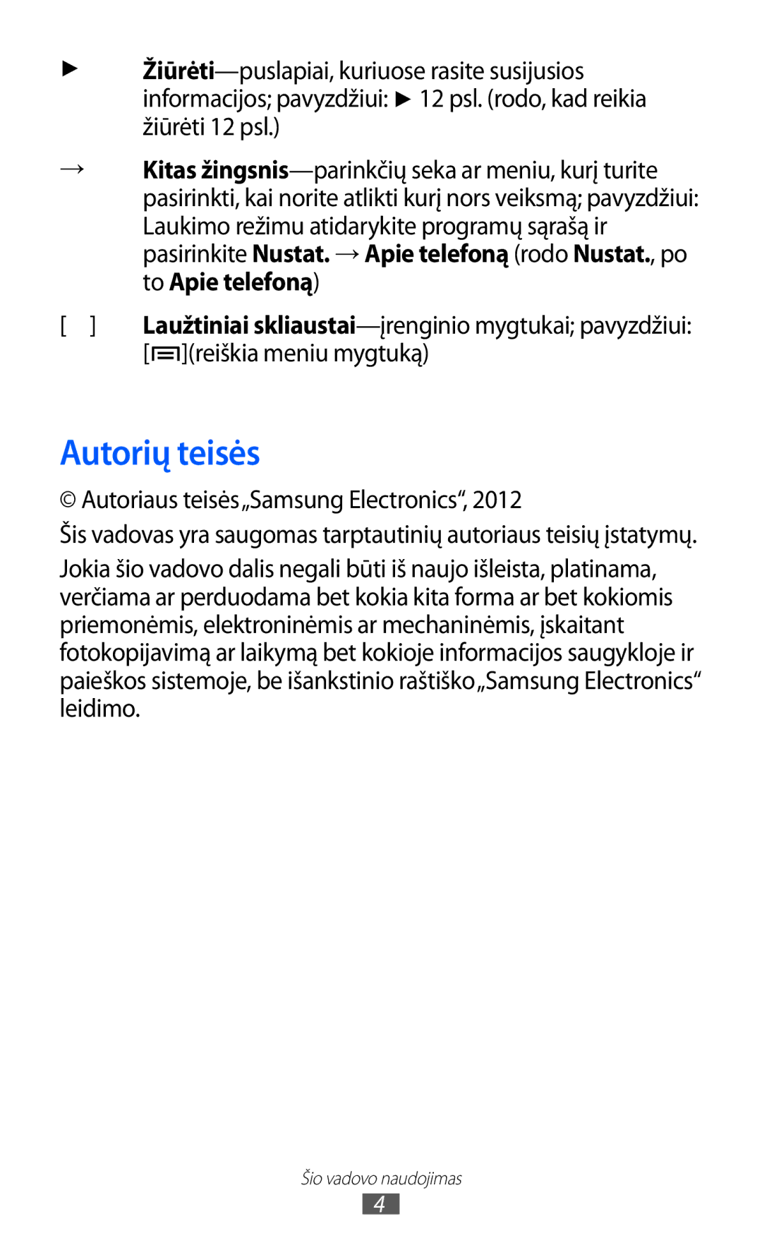 Samsung GT-S5690KOASEB manual Autorių teisės, Reiškia meniu mygtuką, Autoriaus teisės„Samsung Electronics 