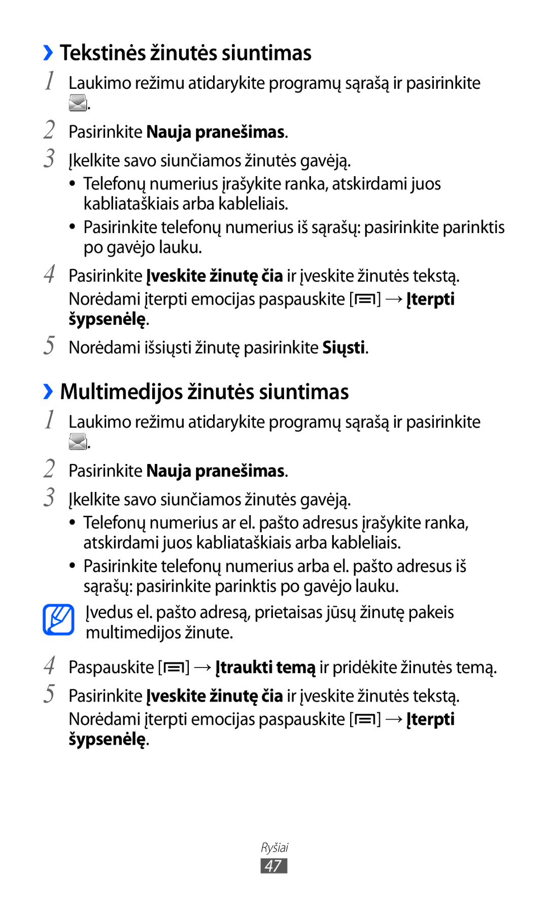 Samsung GT-S5690KOASEB manual ››Tekstinės žinutės siuntimas, ››Multimedijos žinutės siuntimas, Pasirinkite Nauja pranešimas 