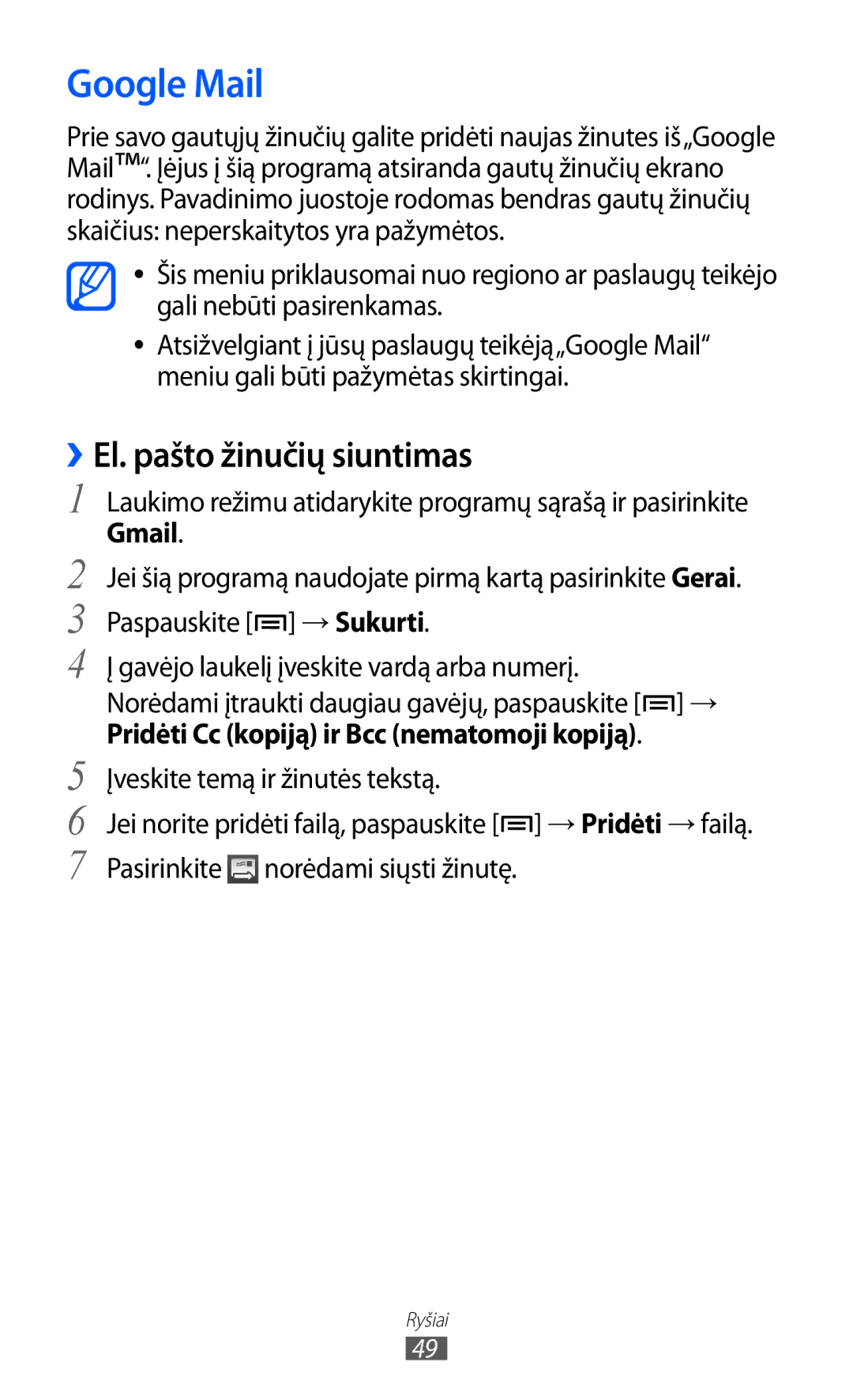 Samsung GT-S5690KOASEB manual Google Mail, ››El. pašto žinučių siuntimas 