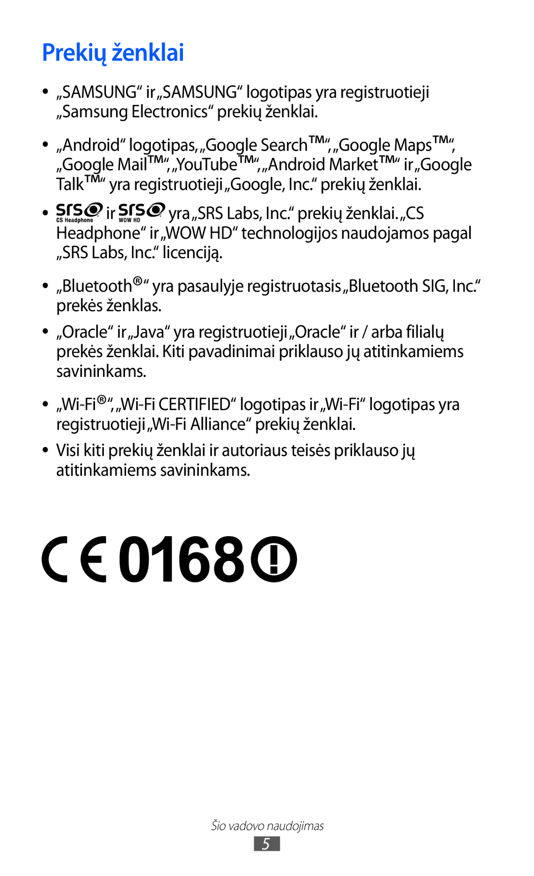 Samsung GT-S5690KOASEB manual Prekių ženklai 