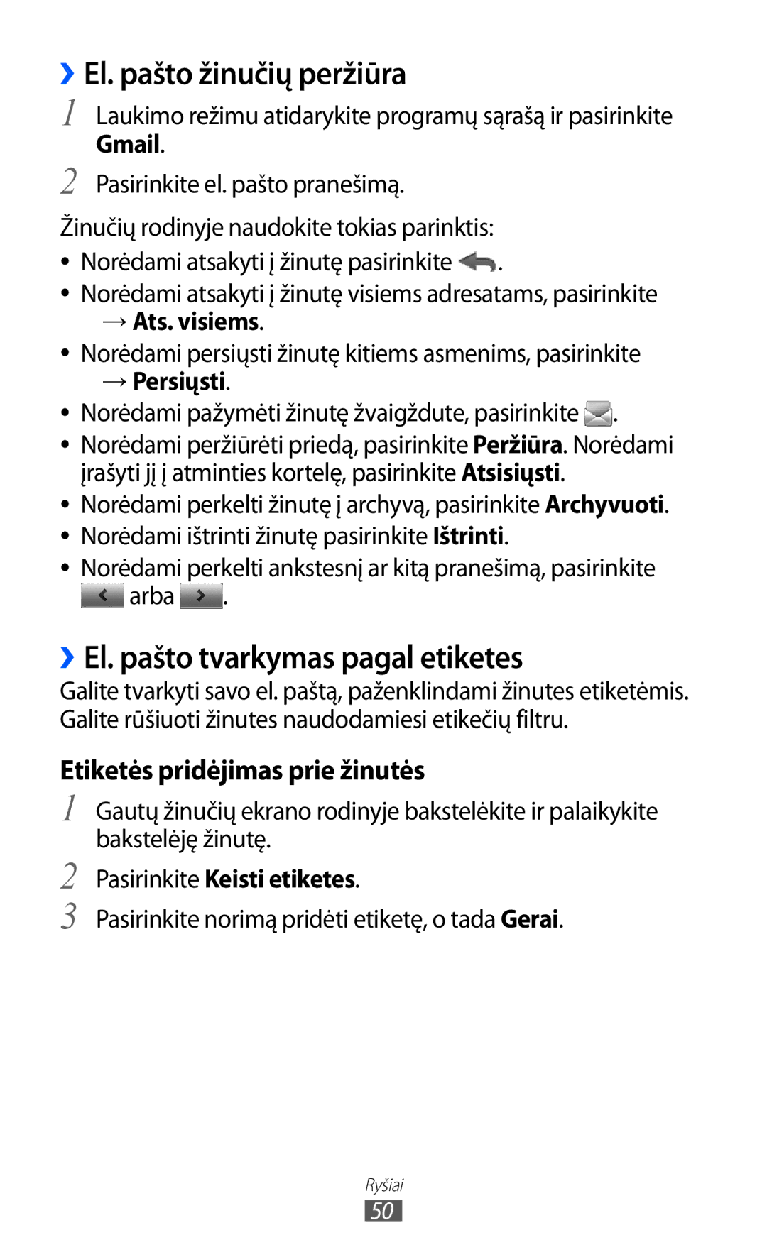 Samsung GT-S5690KOASEB manual ››El. pašto žinučių peržiūra, ››El. pašto tvarkymas pagal etiketes 