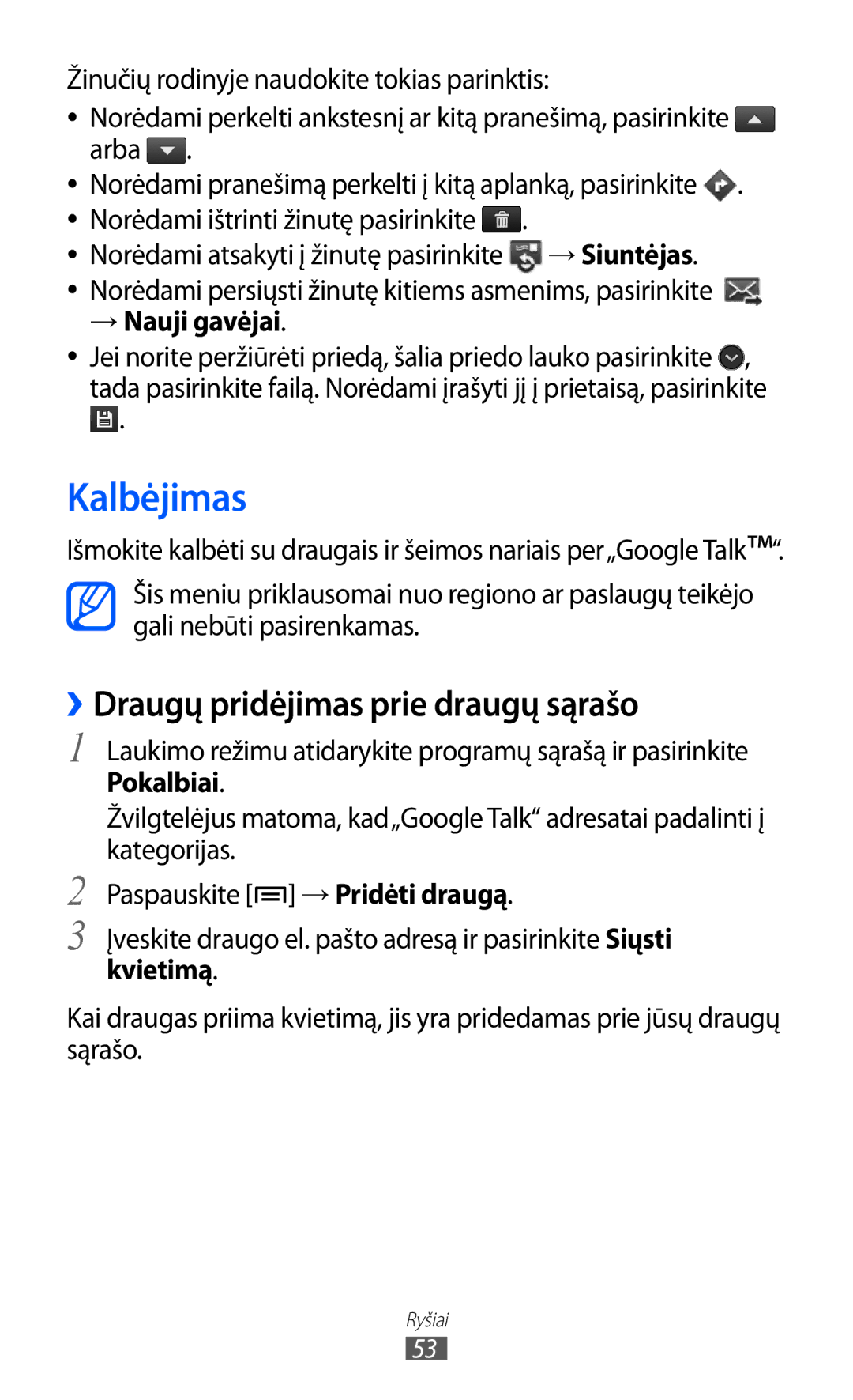 Samsung GT-S5690KOASEB manual Kalbėjimas, ››Draugų pridėjimas prie draugų sąrašo, → Siuntėjas, Pokalbiai 